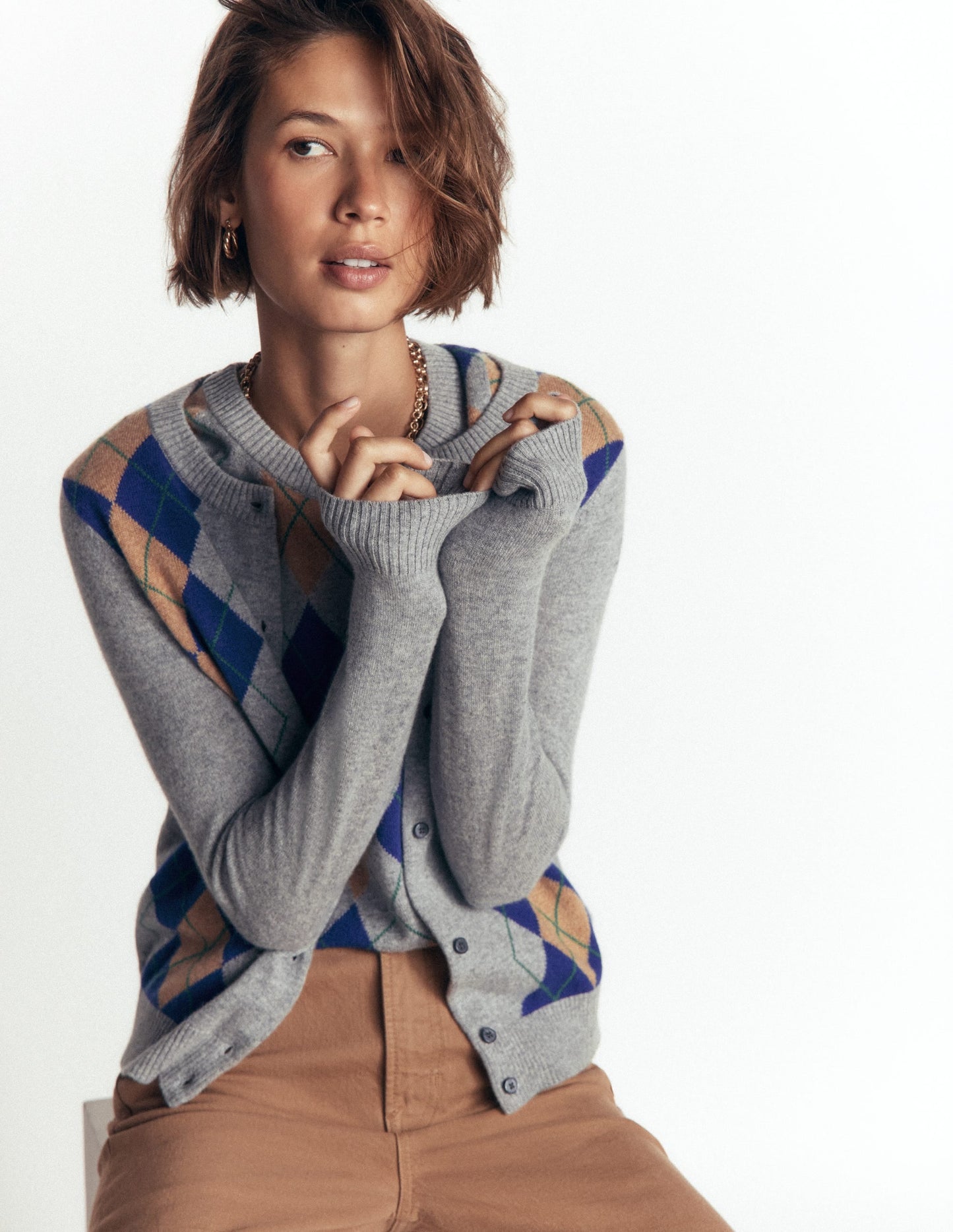 Elsie Cashmere Crew Cardigan-Grey Argyle