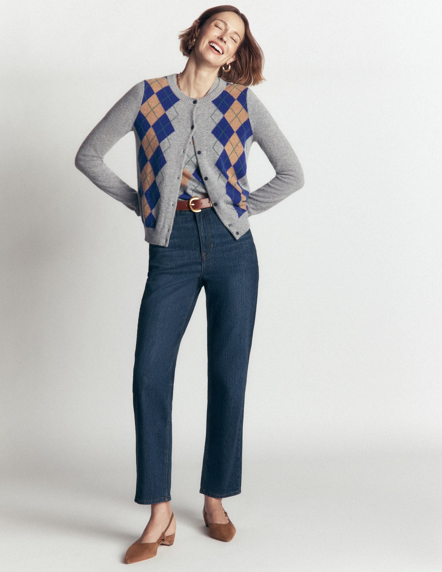Elsie Cashmere Crew Cardigan-Grey Argyle