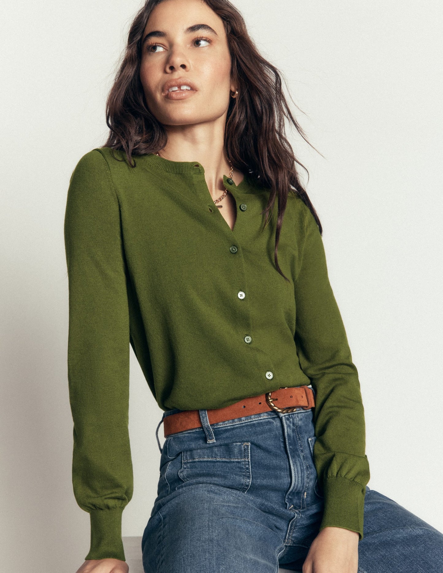 Camilla Cotton Crew Cardigan-Forest Green