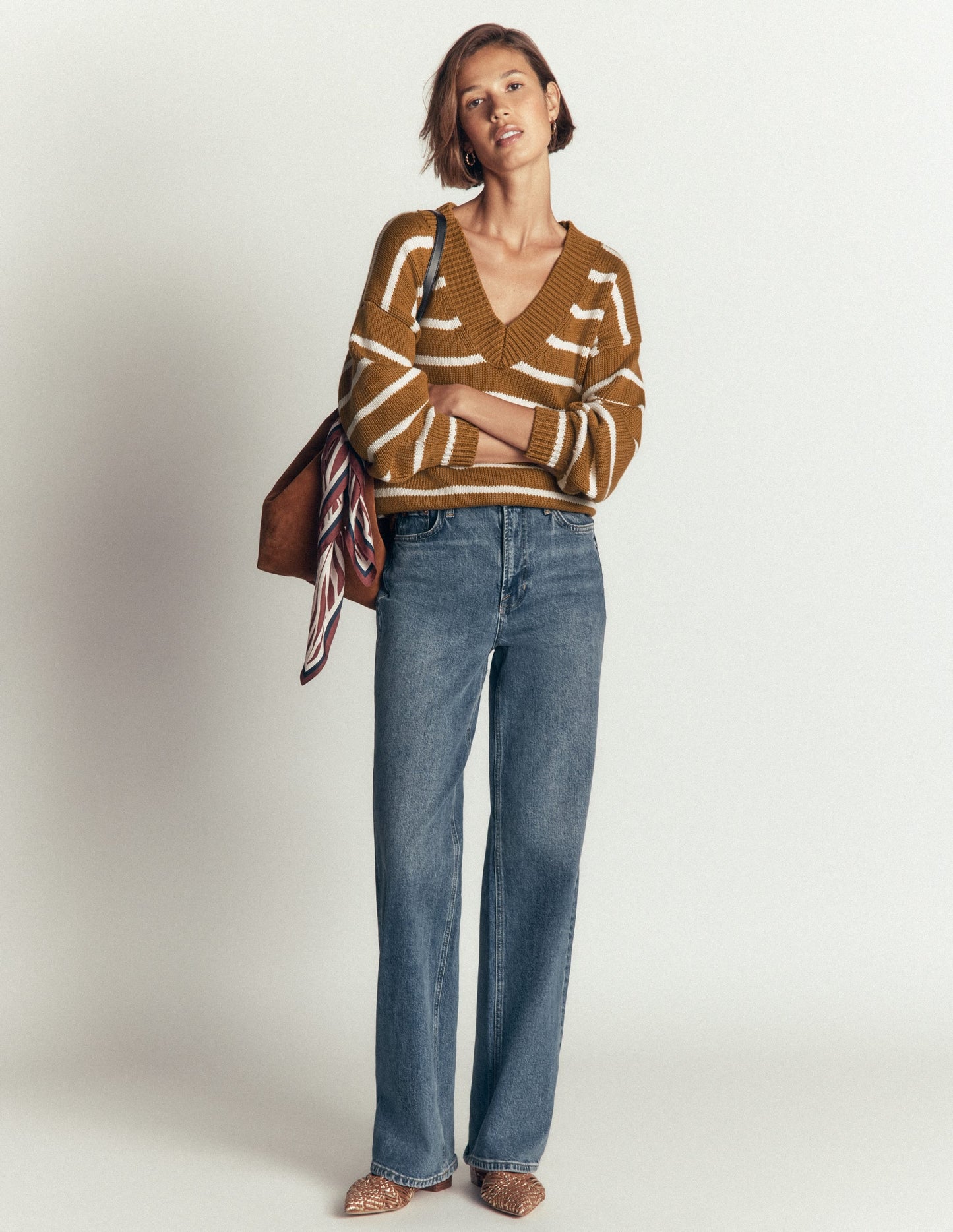 Lucy Cotton V-neck Jumper-Gingerbread, Ivory