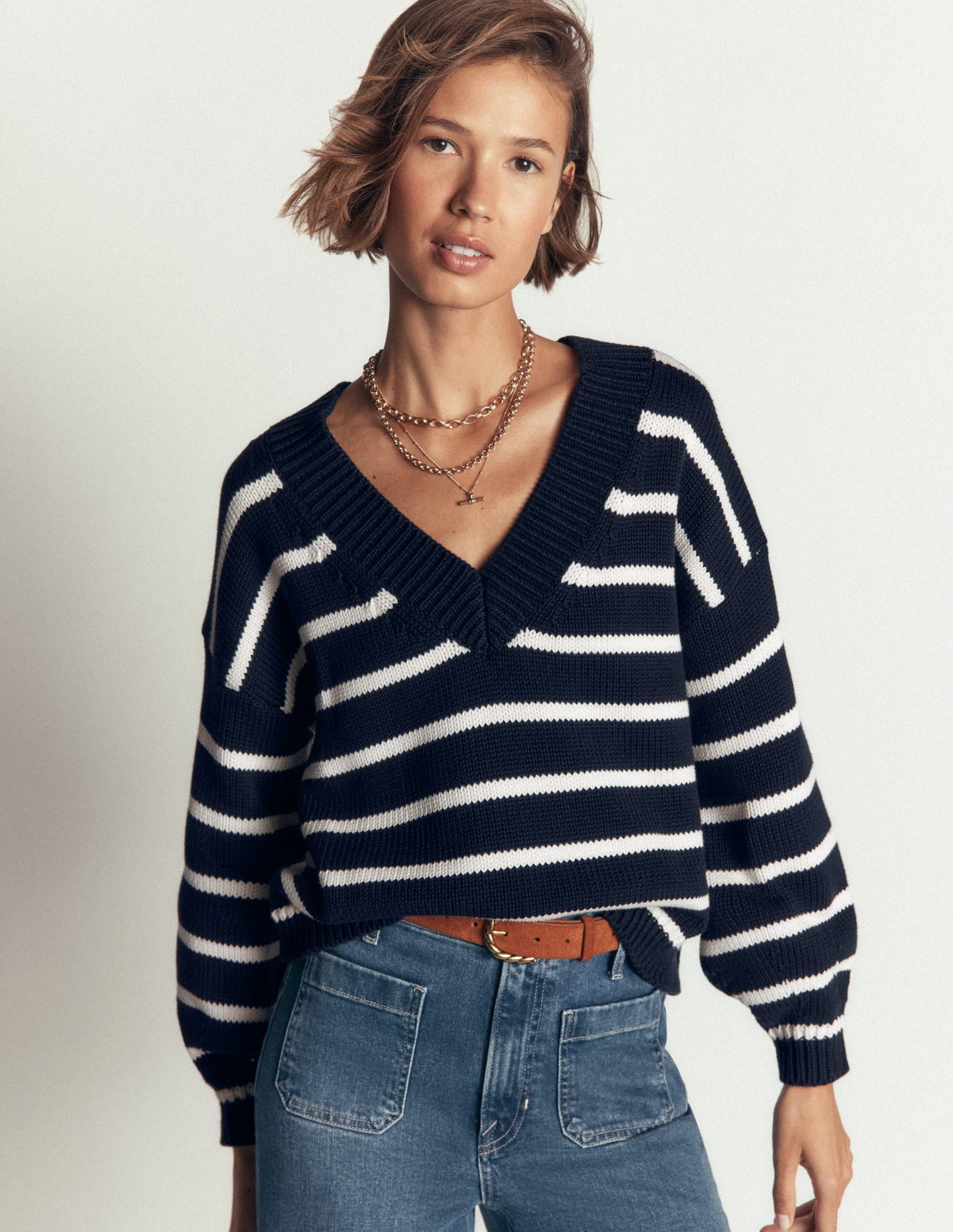 Lucy Cotton V-neck Jumper-Navy, Ivory