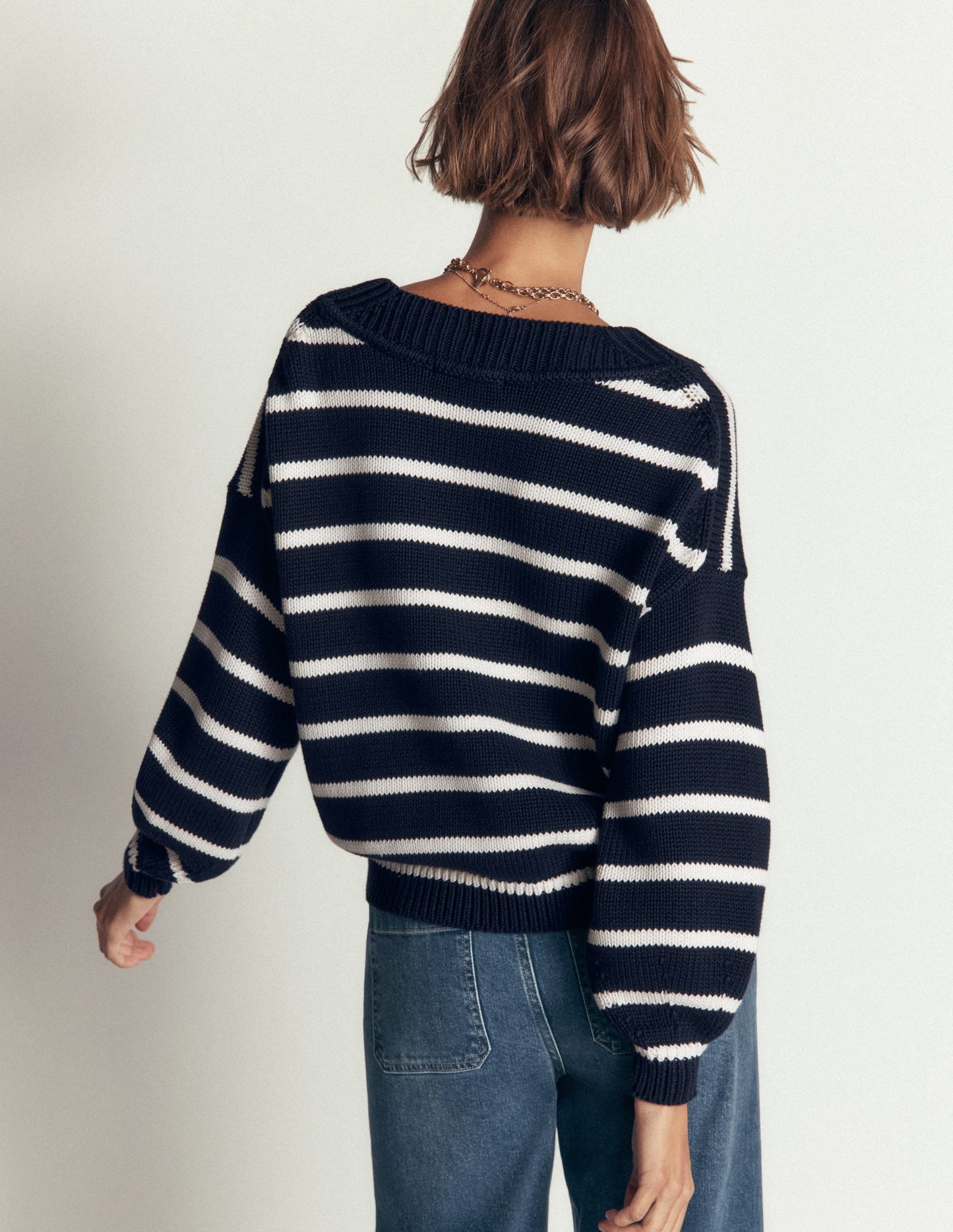 Lucy Cotton V-neck Jumper-Navy, Ivory