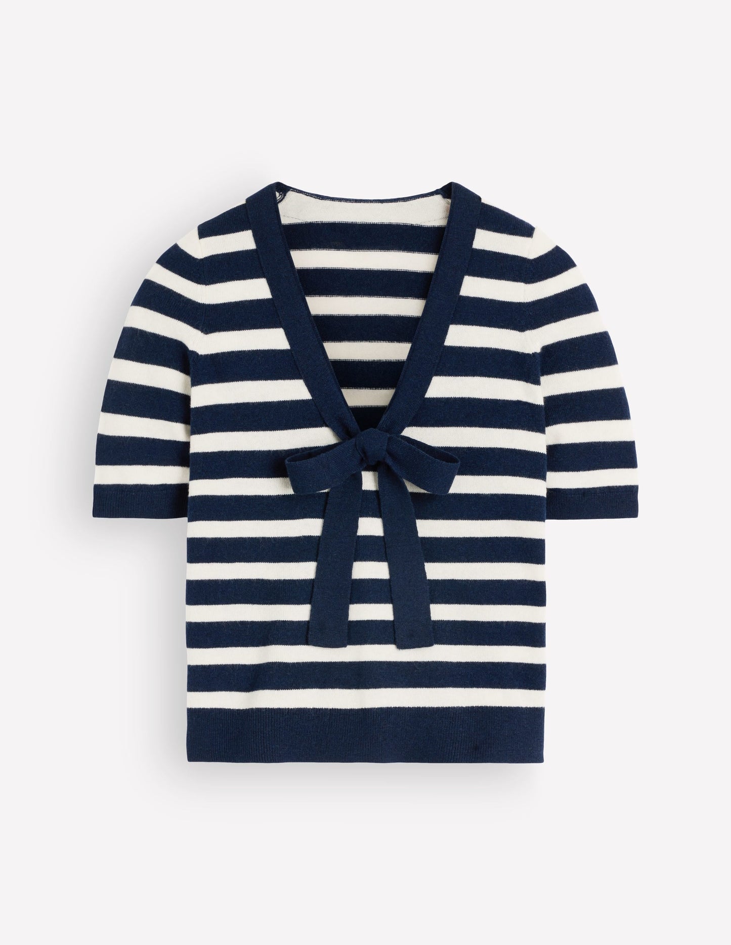 Bow Neck Knitted T-shirt-Navy, Ivory Stripe