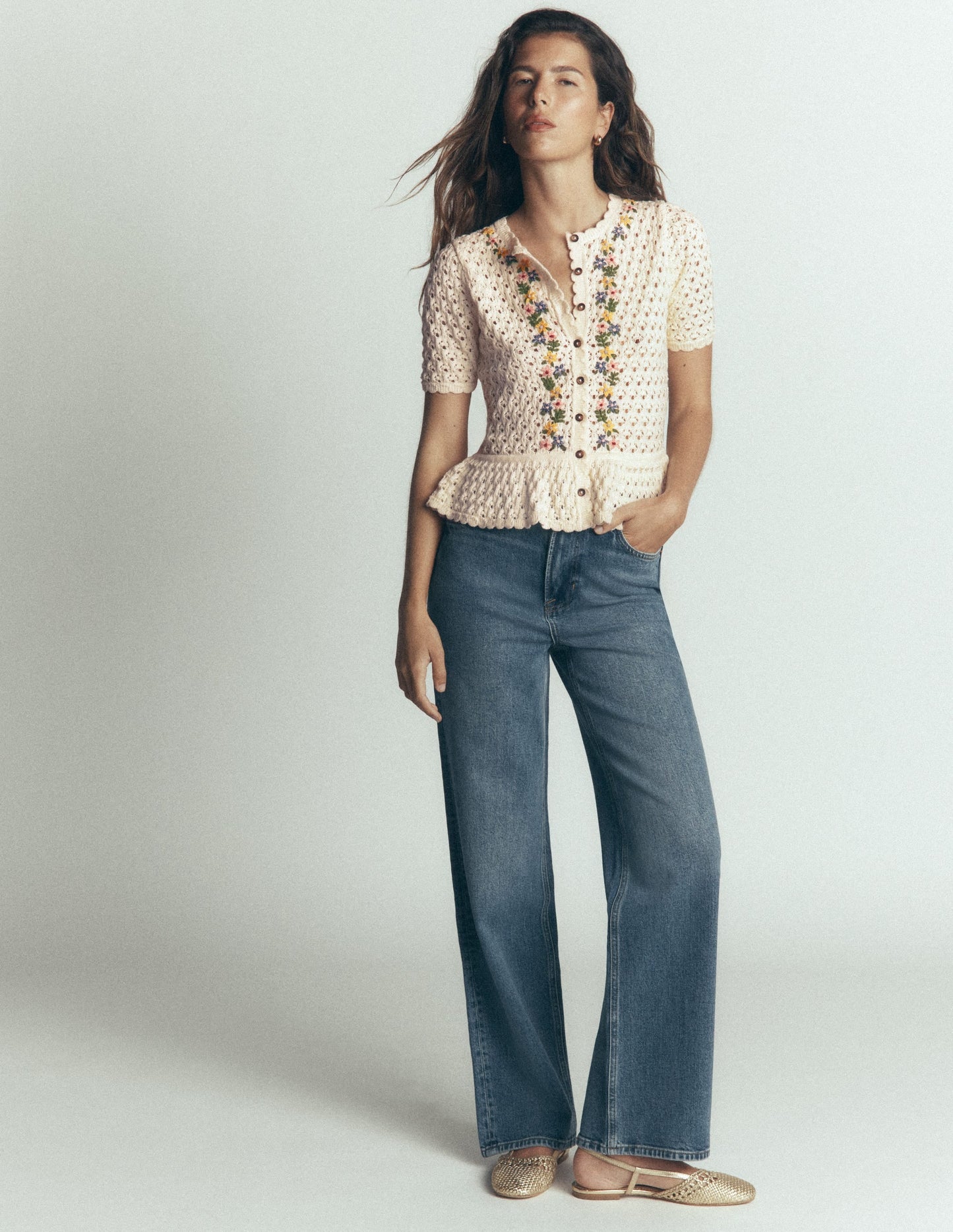 Embroidered Pointelle Cardigan-Ivory Embroidered