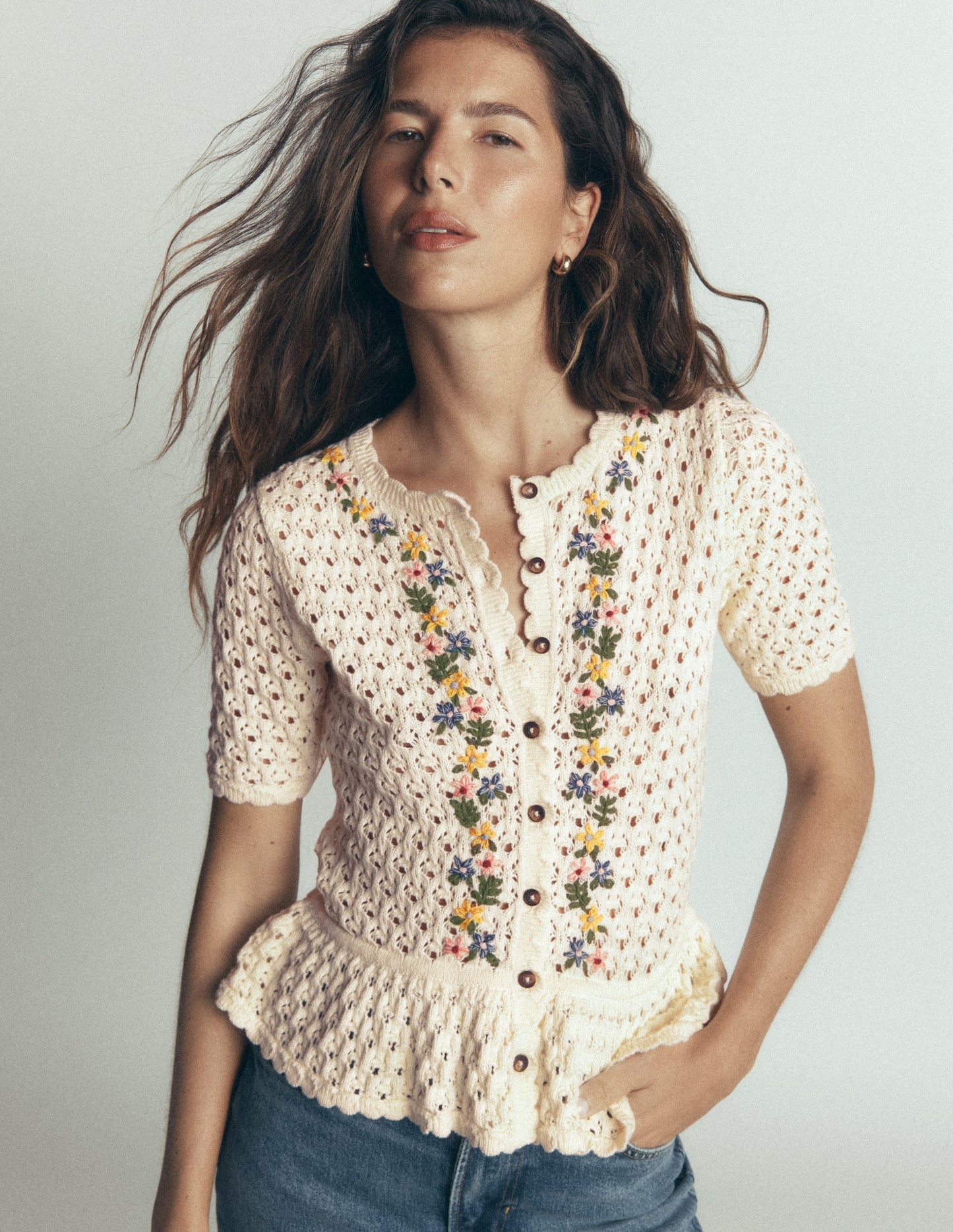 Embroidered Pointelle Cardigan-Ivory Embroidered
