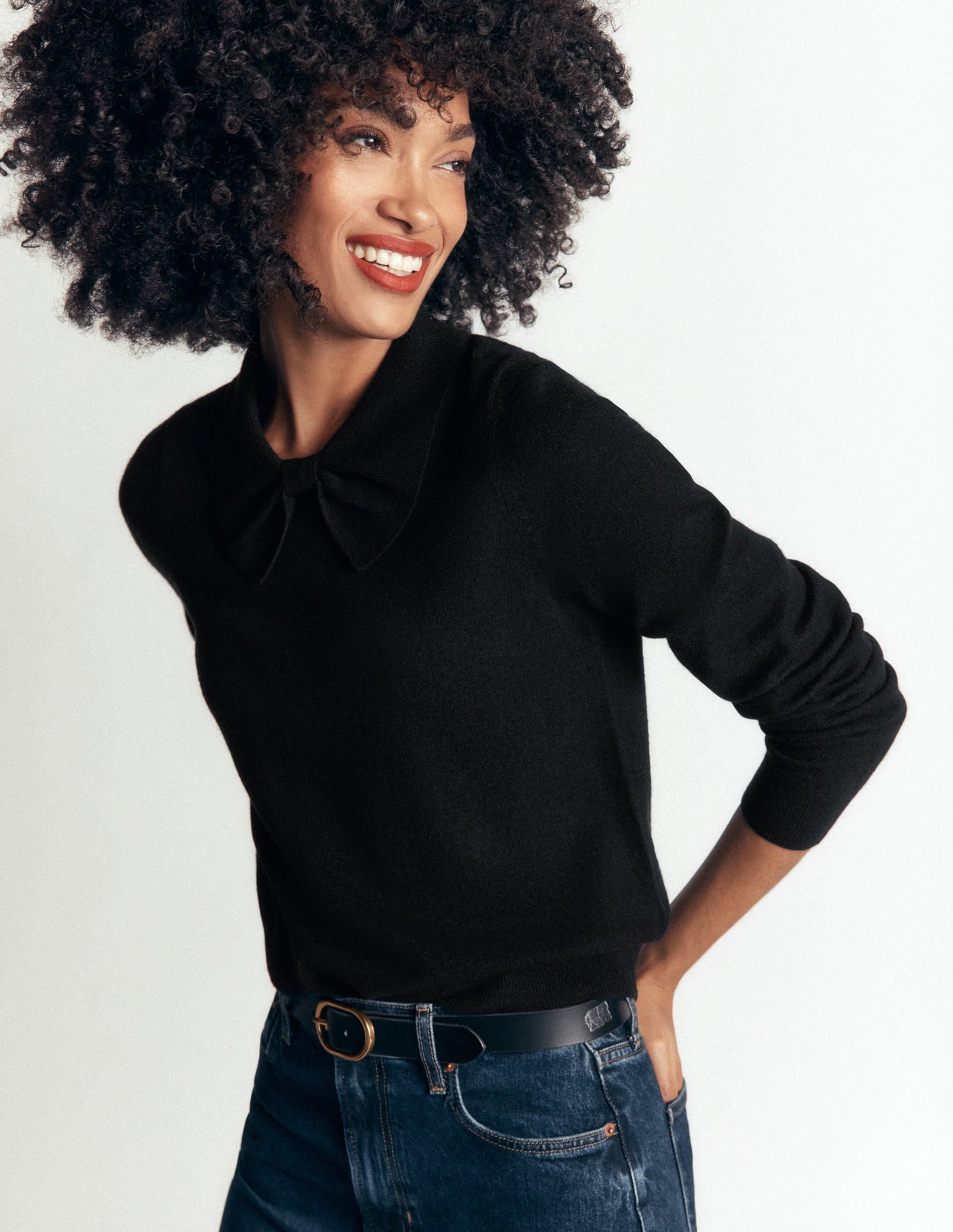 Bow Neck Knitted Jumper-Black