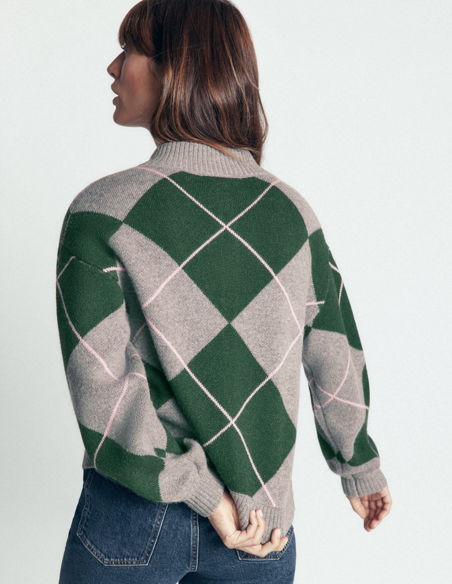 Jemma Jacquard Knit Cardigan-Hunter Green Argyle