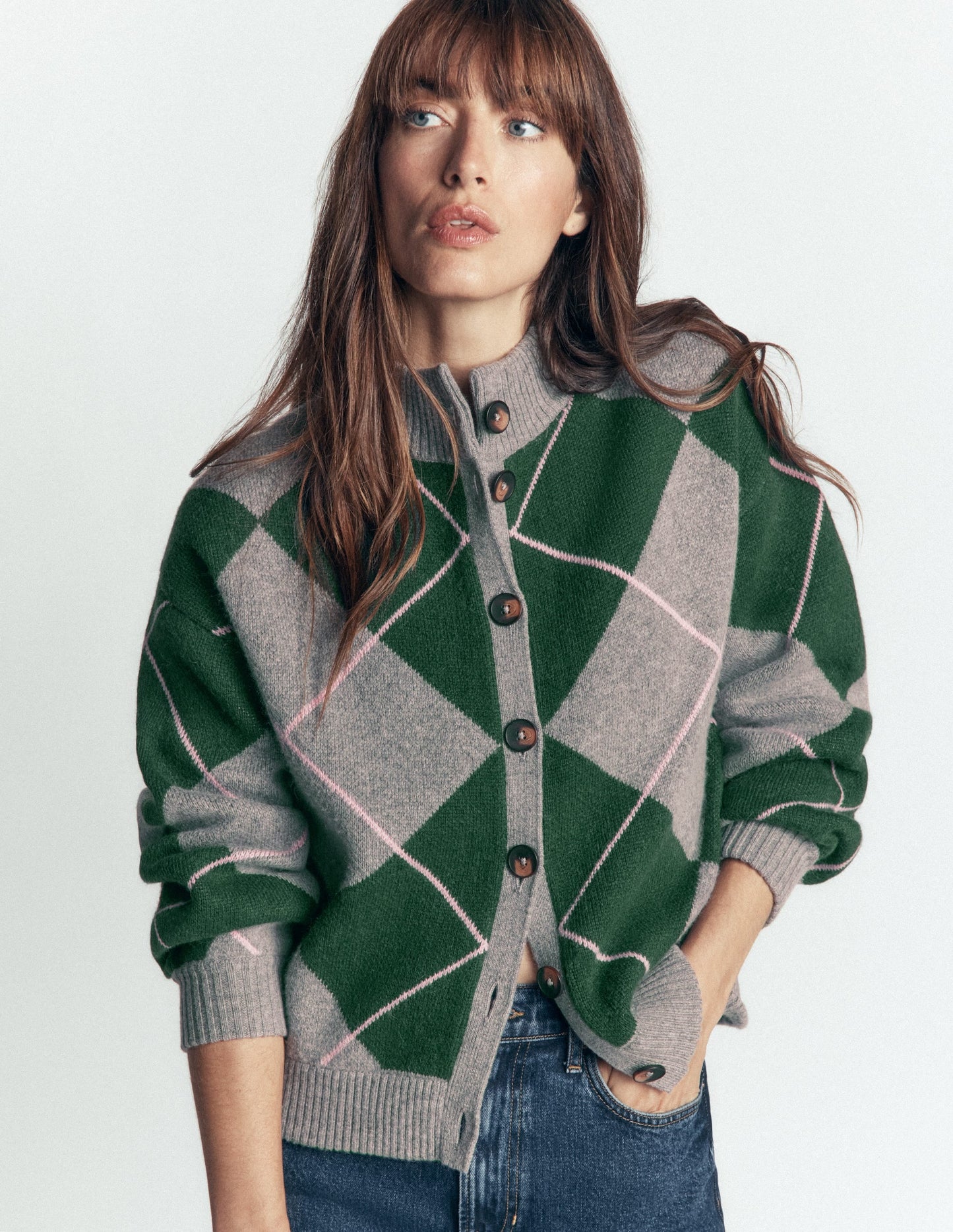 Jemma Jacquard Knit Cardigan-Hunter Green Argyle