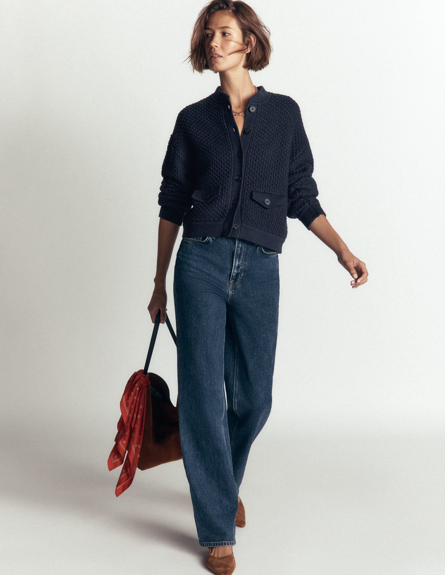 Textured Knitted Bomber Jacket-Navy