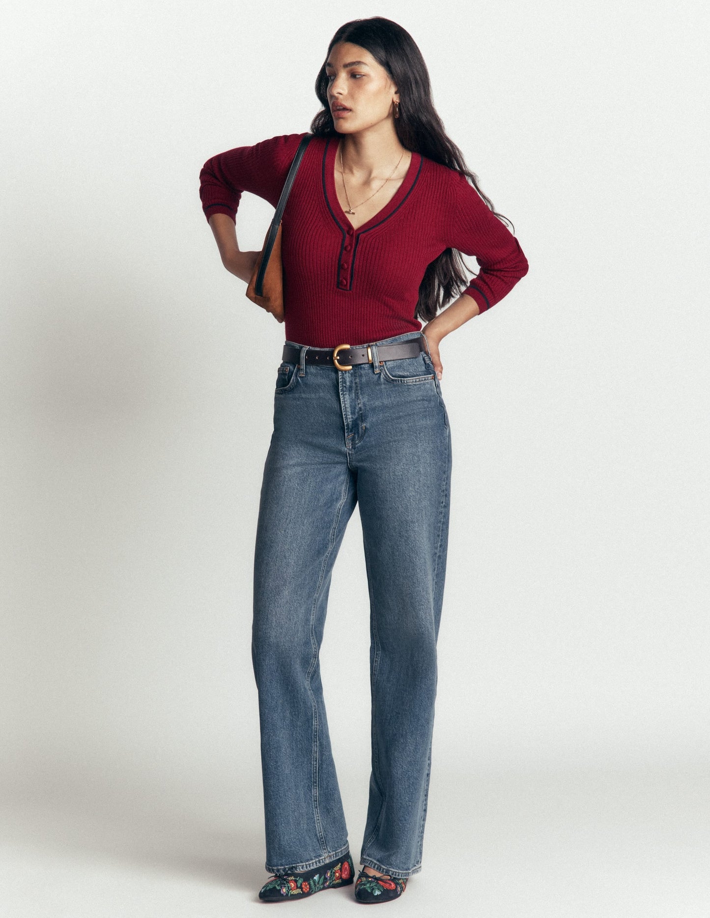 Paula Ribbed V Neck Jumper-Merlot