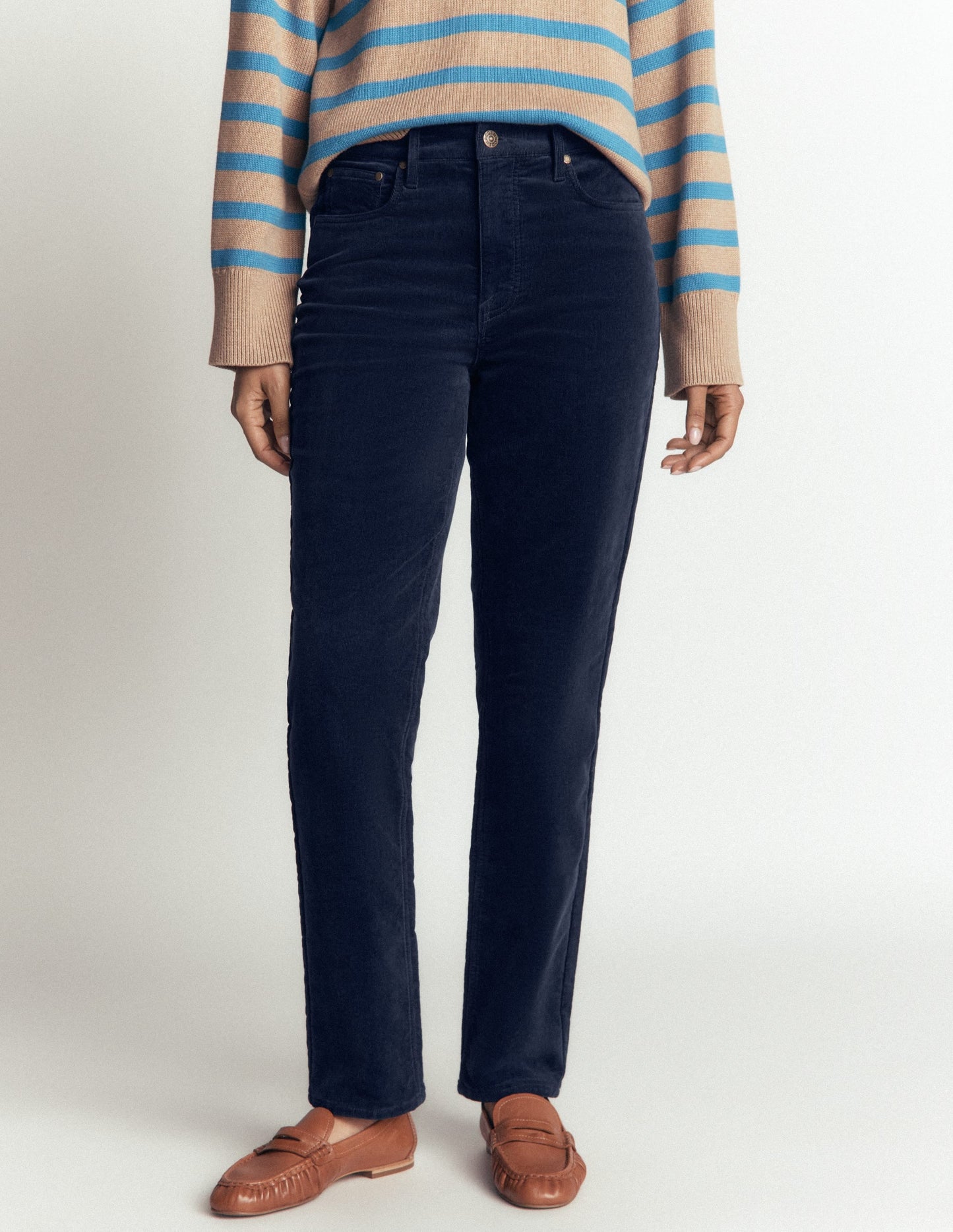 High Rise Cord Slim Jeans-Navy