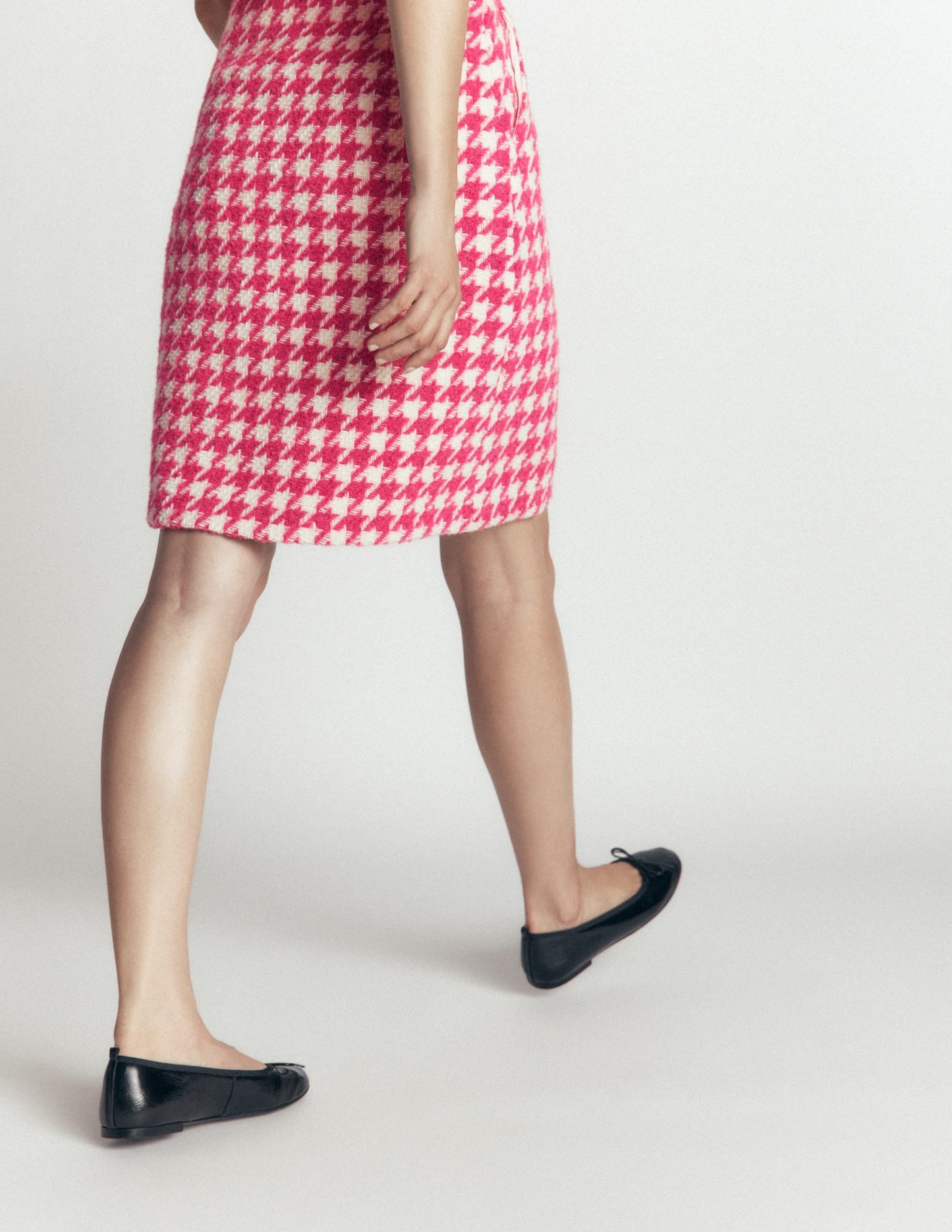 Wool Blend A-Line Skirt-Pink Dogstooth