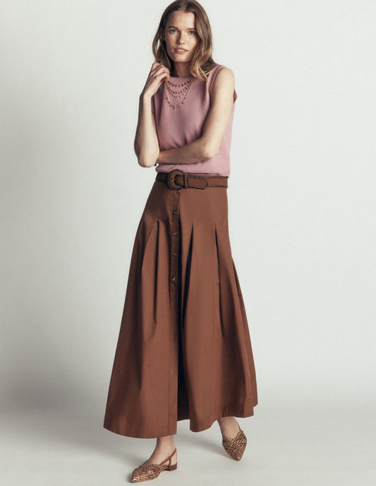 Button Front Pleated Skirt-Raw Umber
