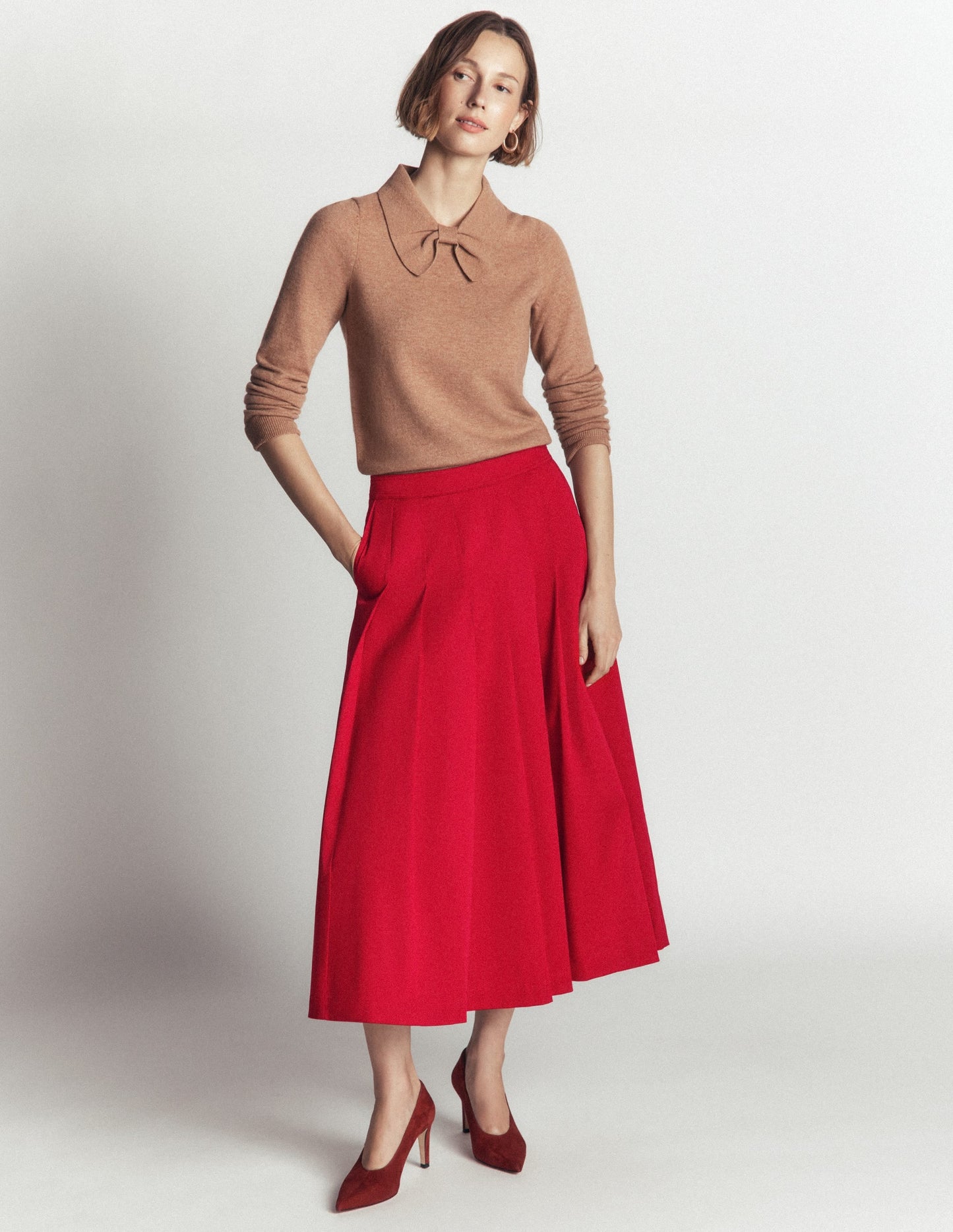 Aya Cotton Sateen Midi Skirt-Crimson Red
