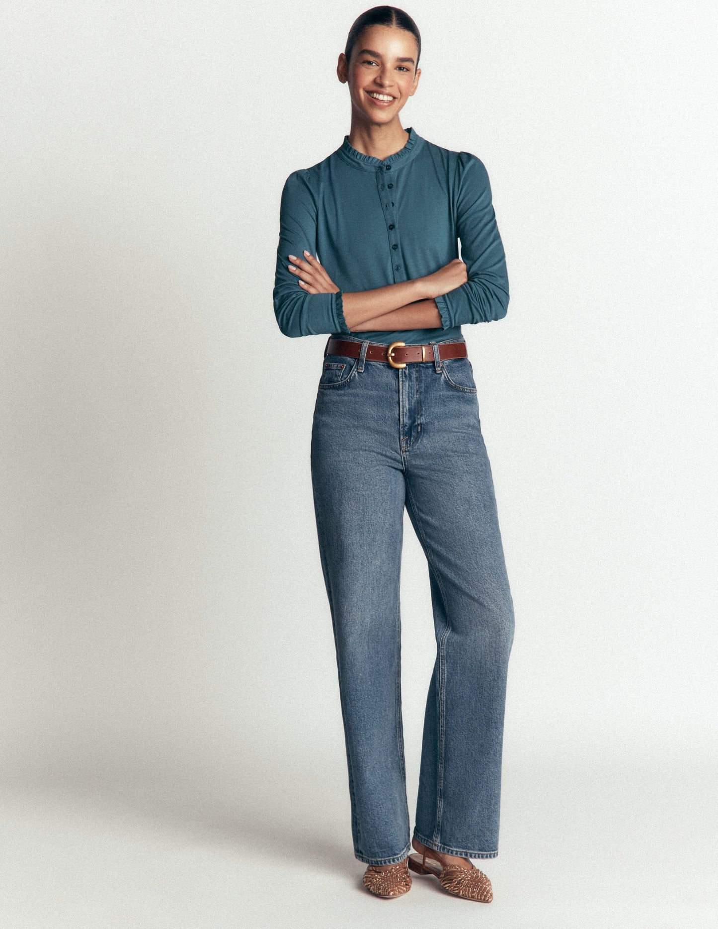 Supersoft Frill Henley Top-Storm Blue