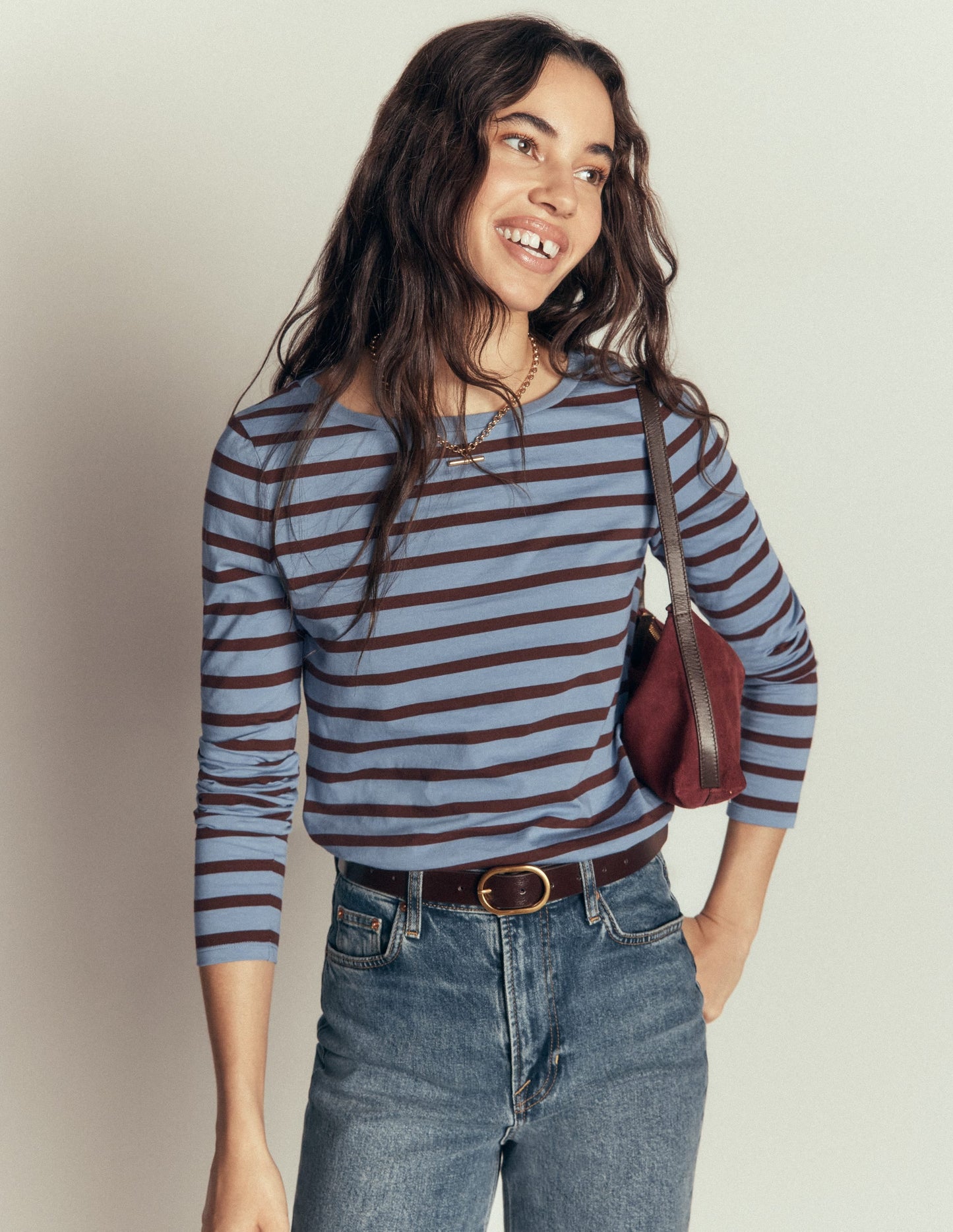 Olivia Long Sleeve Breton-Faded Denim Bitter Chocolate