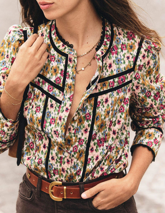 Carmen Lace Trim Cotton Top-Multi, Flecked Garden