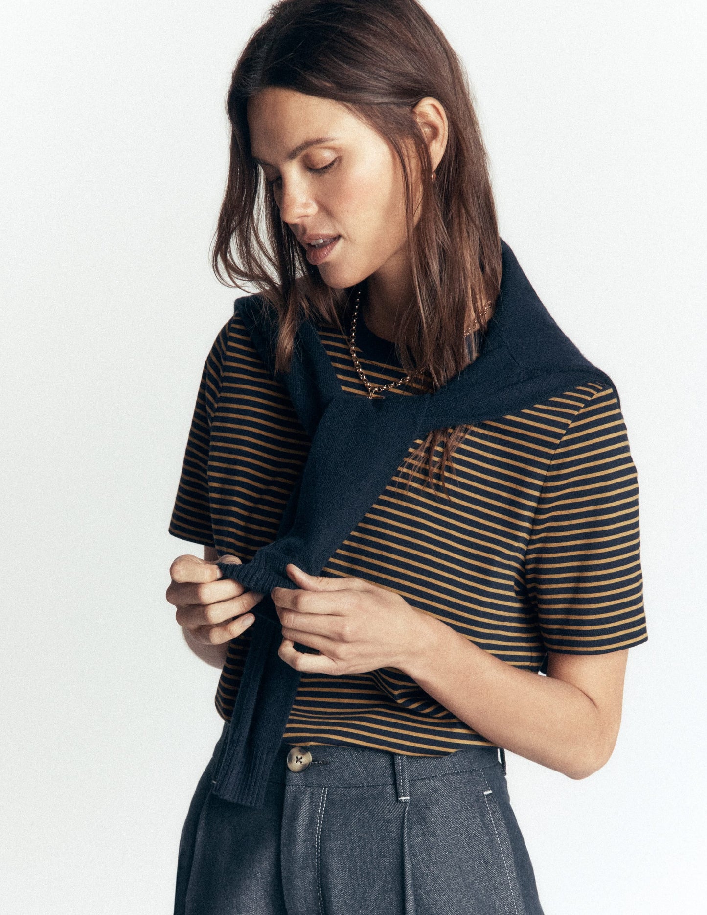 Cotton Crew Neck T-shirt-Navy and Dijon Stripe