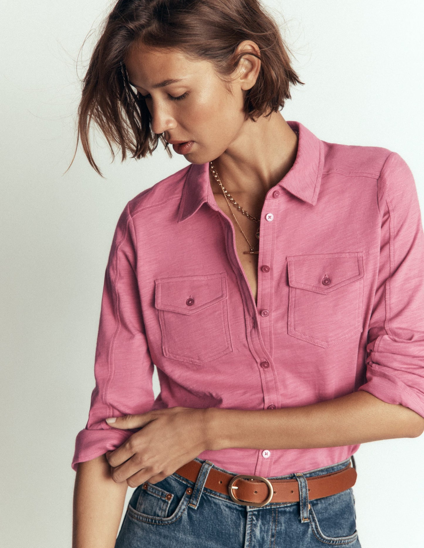 Seam Detail Jersey Shirt-Pink Heather