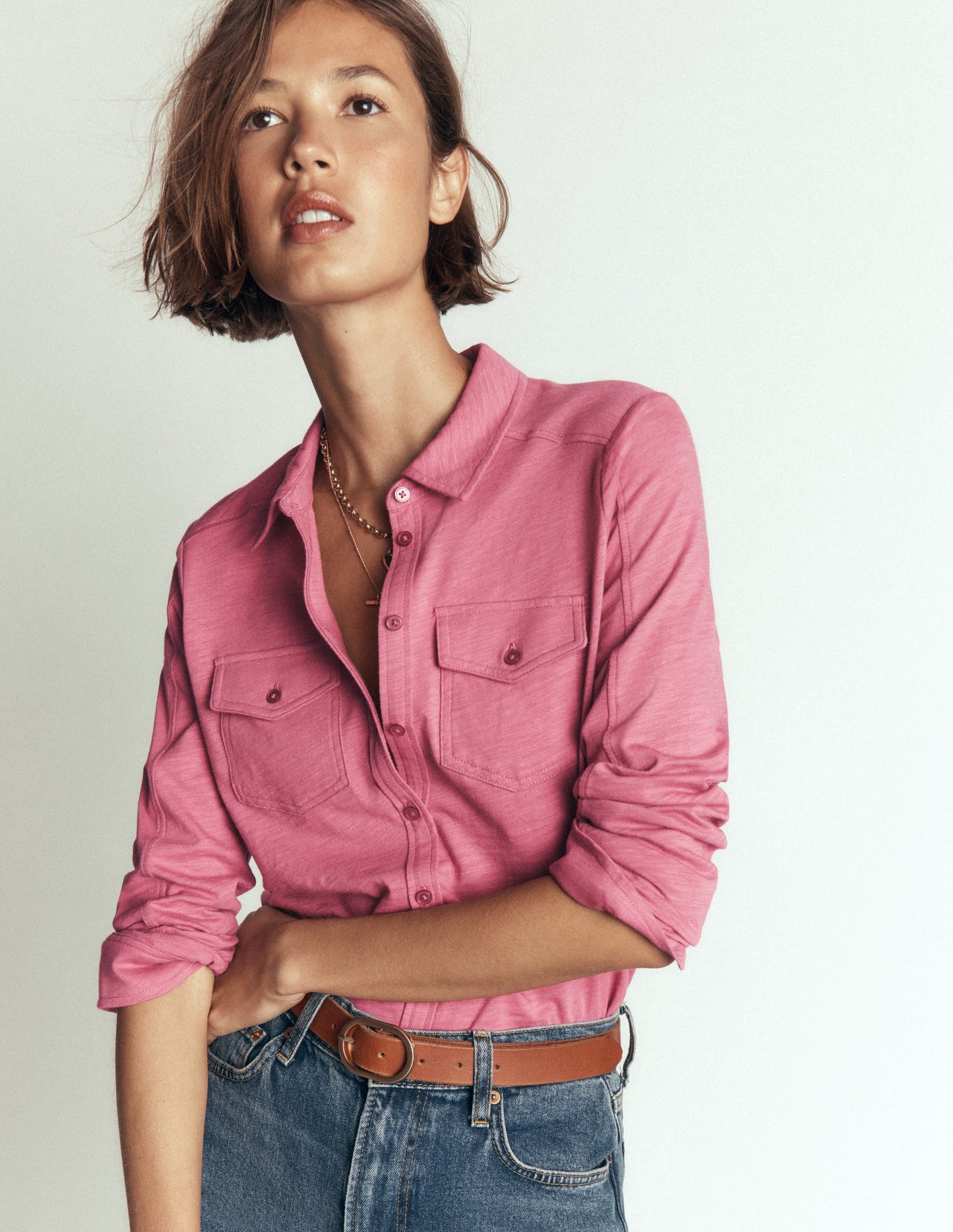 Seam Detail Jersey Shirt-Pink Heather