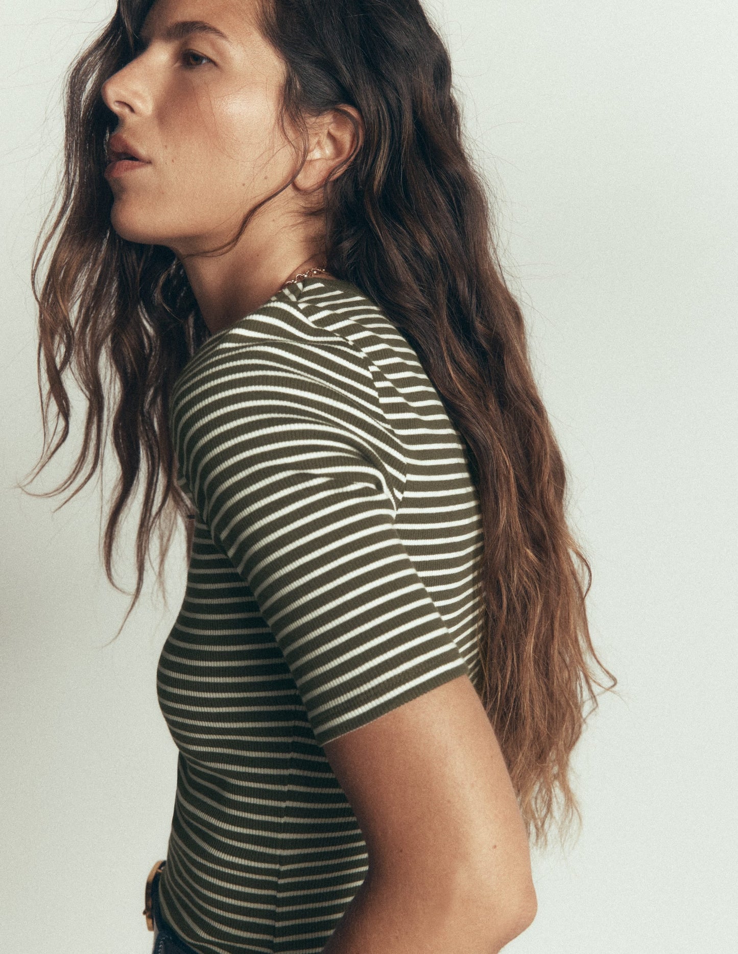 Ribbed Cotton T-Shirt-Olive Night and Ivory Stripe
