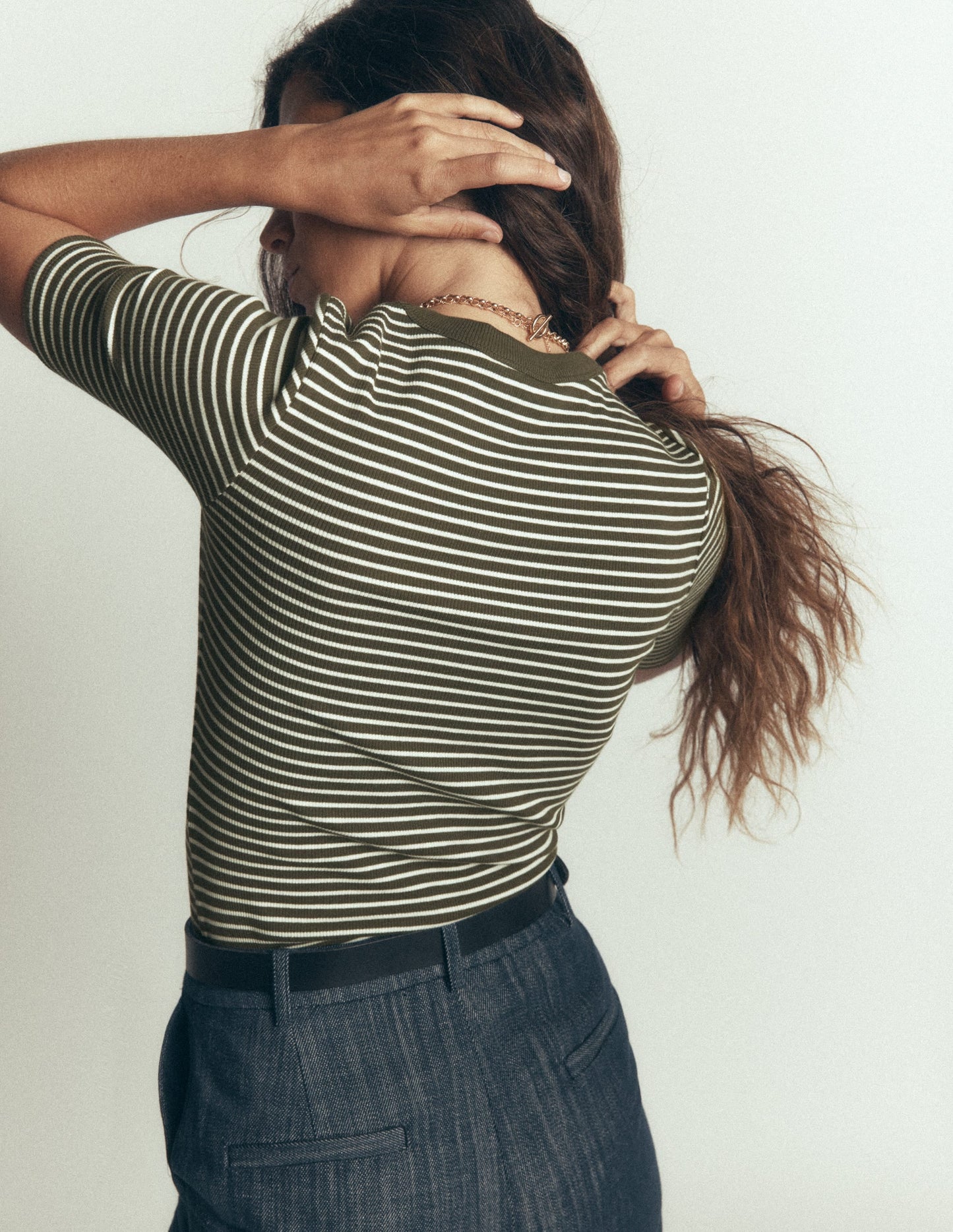 Ribbed Cotton T-Shirt-Olive Night and Ivory Stripe