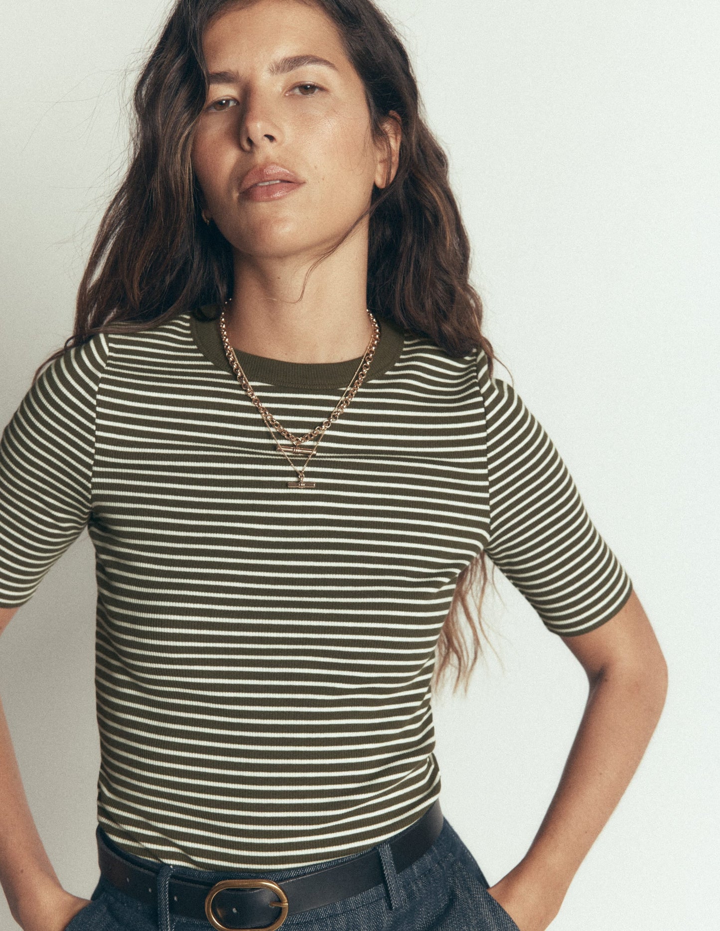 Ribbed Cotton T-Shirt-Olive Night and Ivory Stripe