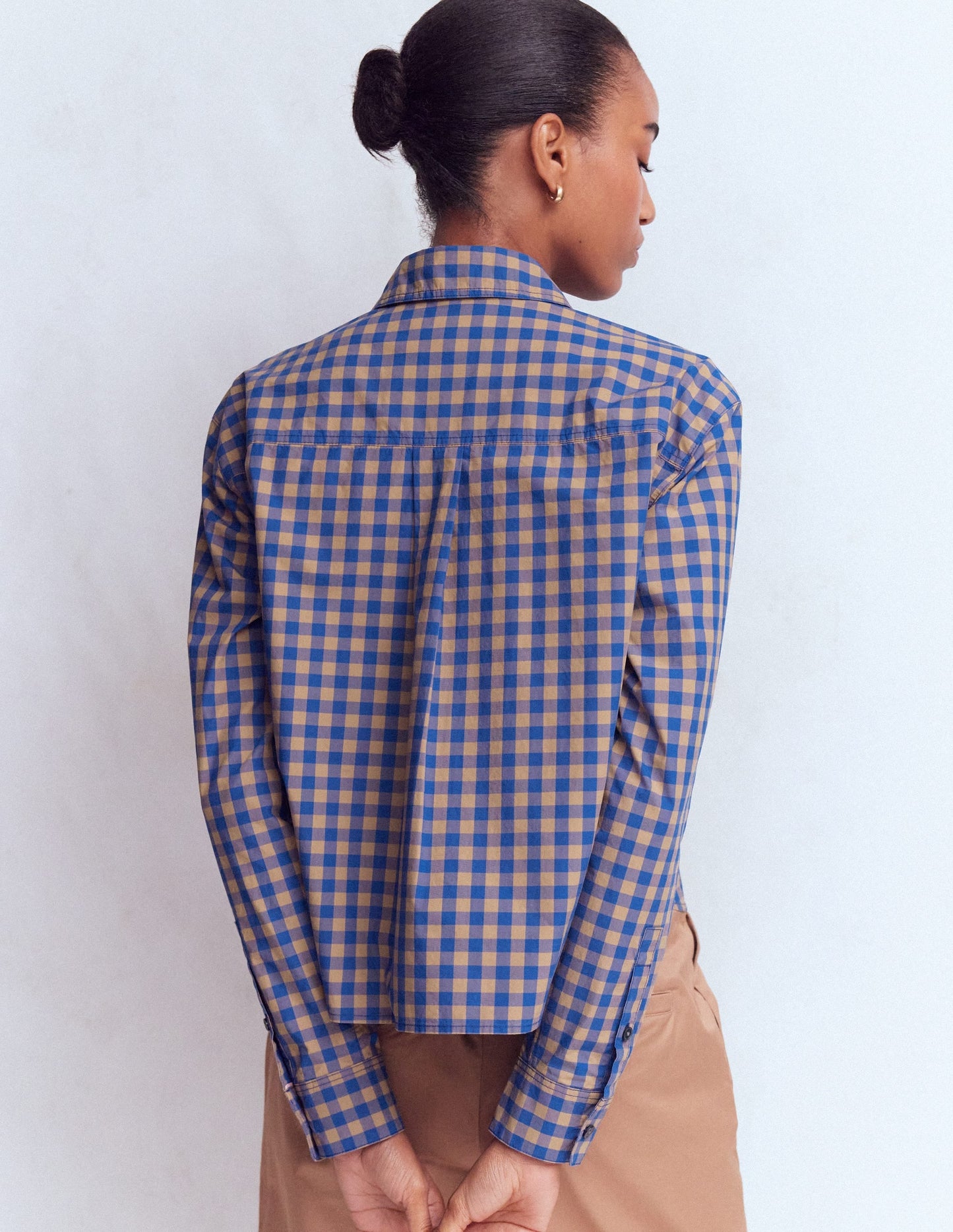 Sienna Cropped Cotton Shirt-Camel, Blue Gingham