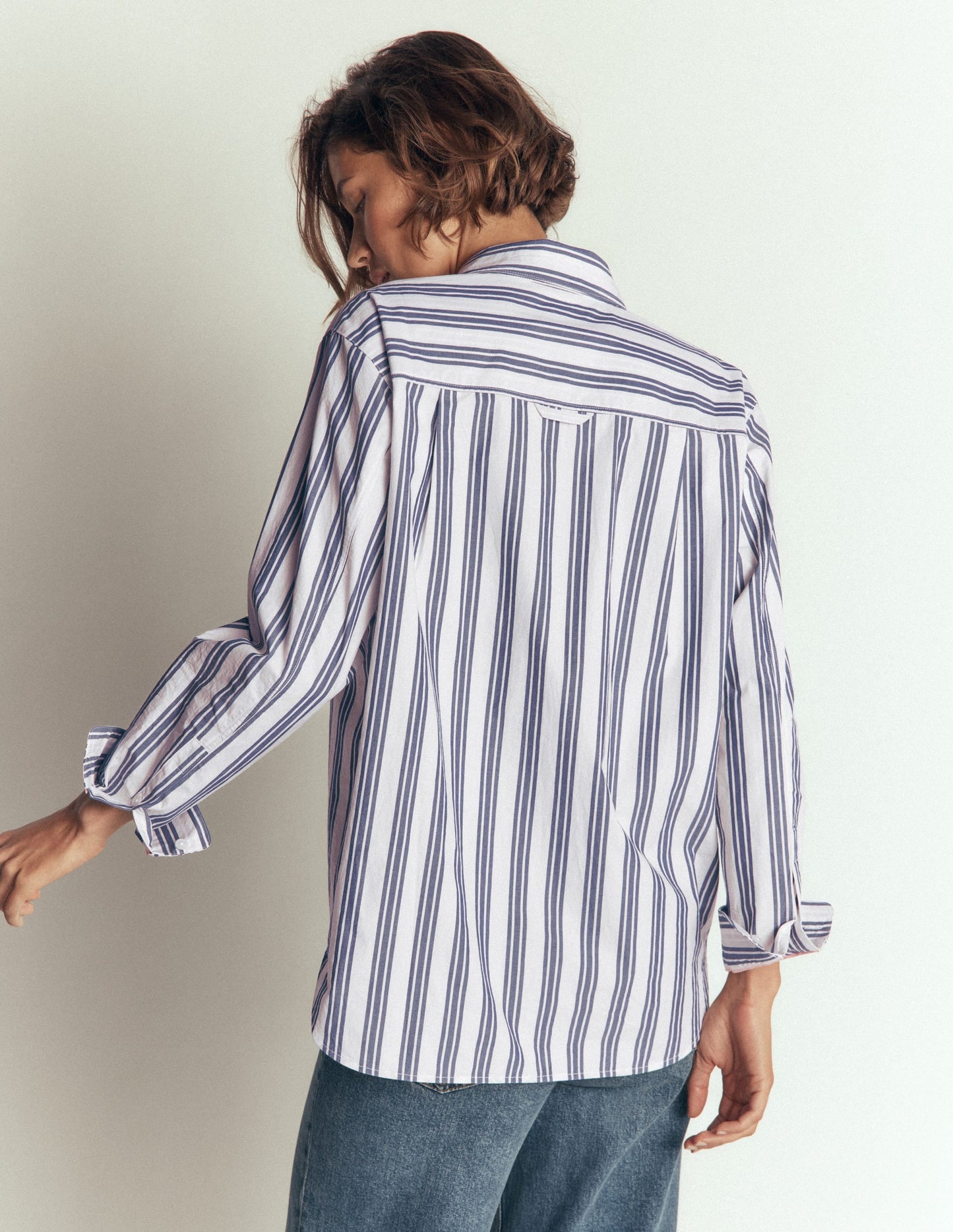 Sienna Relaxed Cotton Shirt-Ivory, Navy Tram Stripe