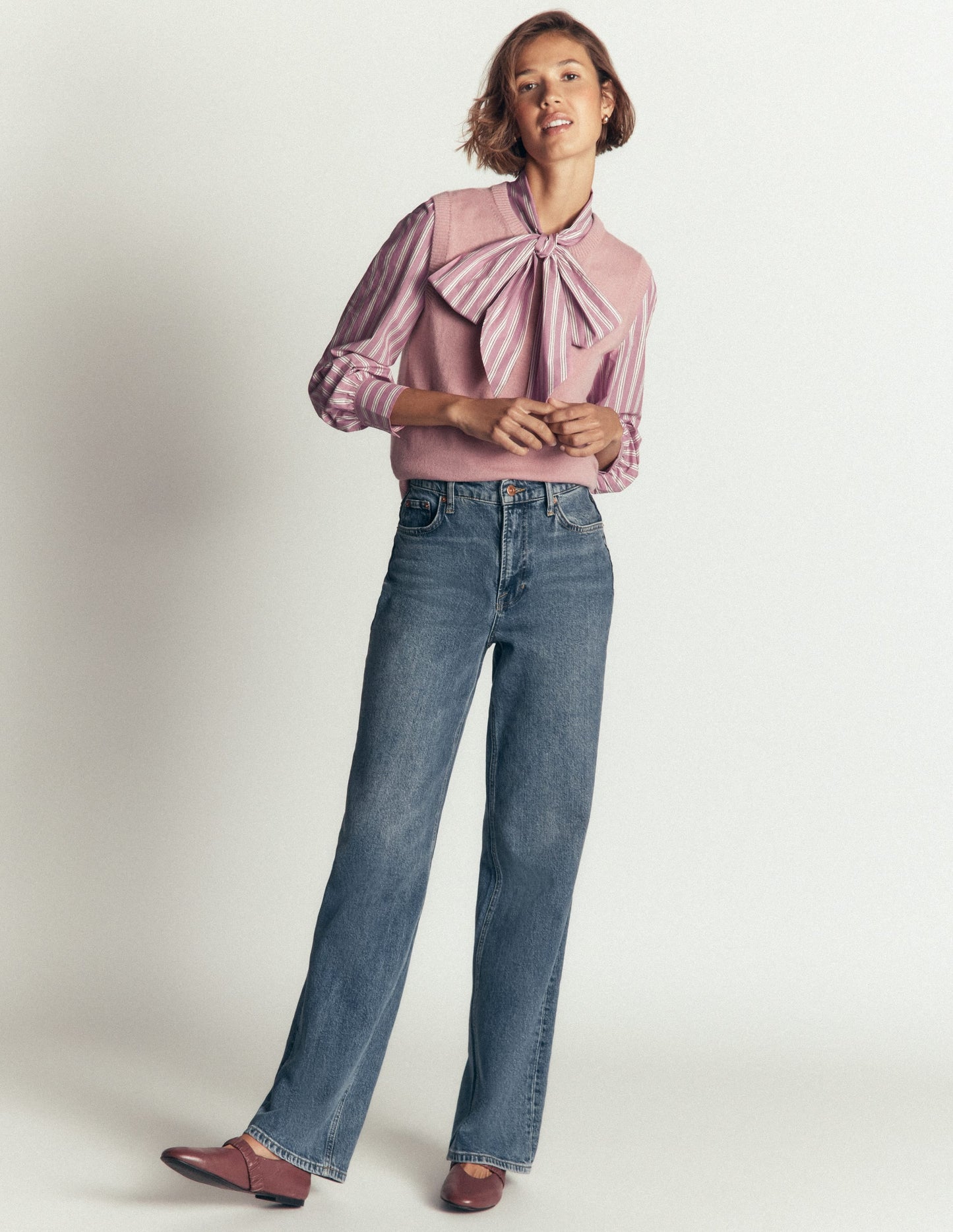 Clara Tie Neck Shirt-Pink, Maroon Tram Stripe