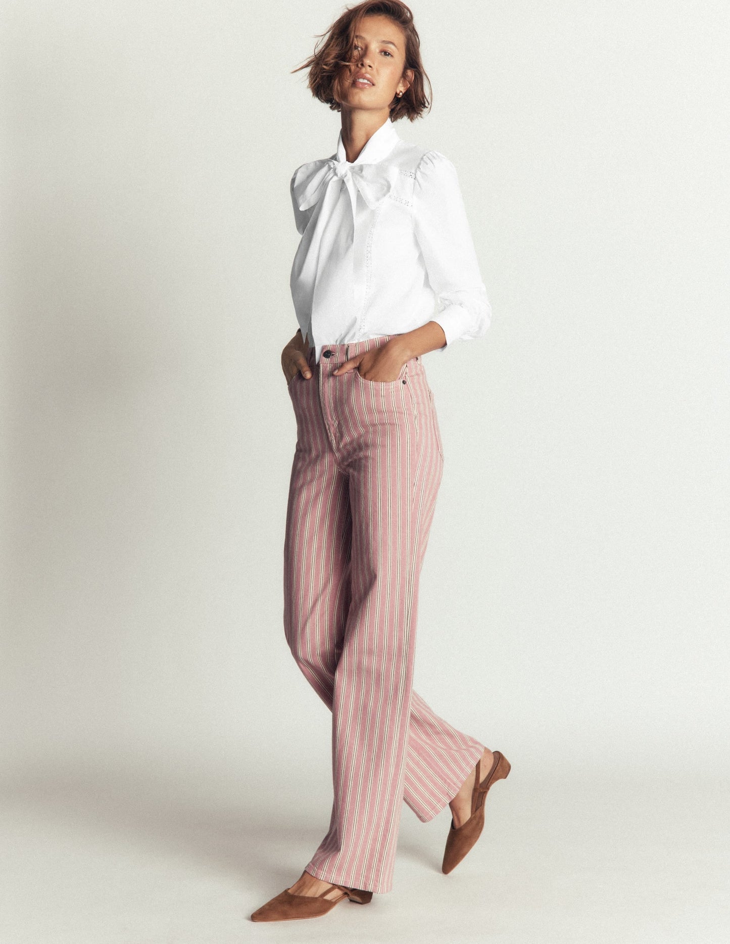 Clara Tie Neck Shirt-White Trim Detail