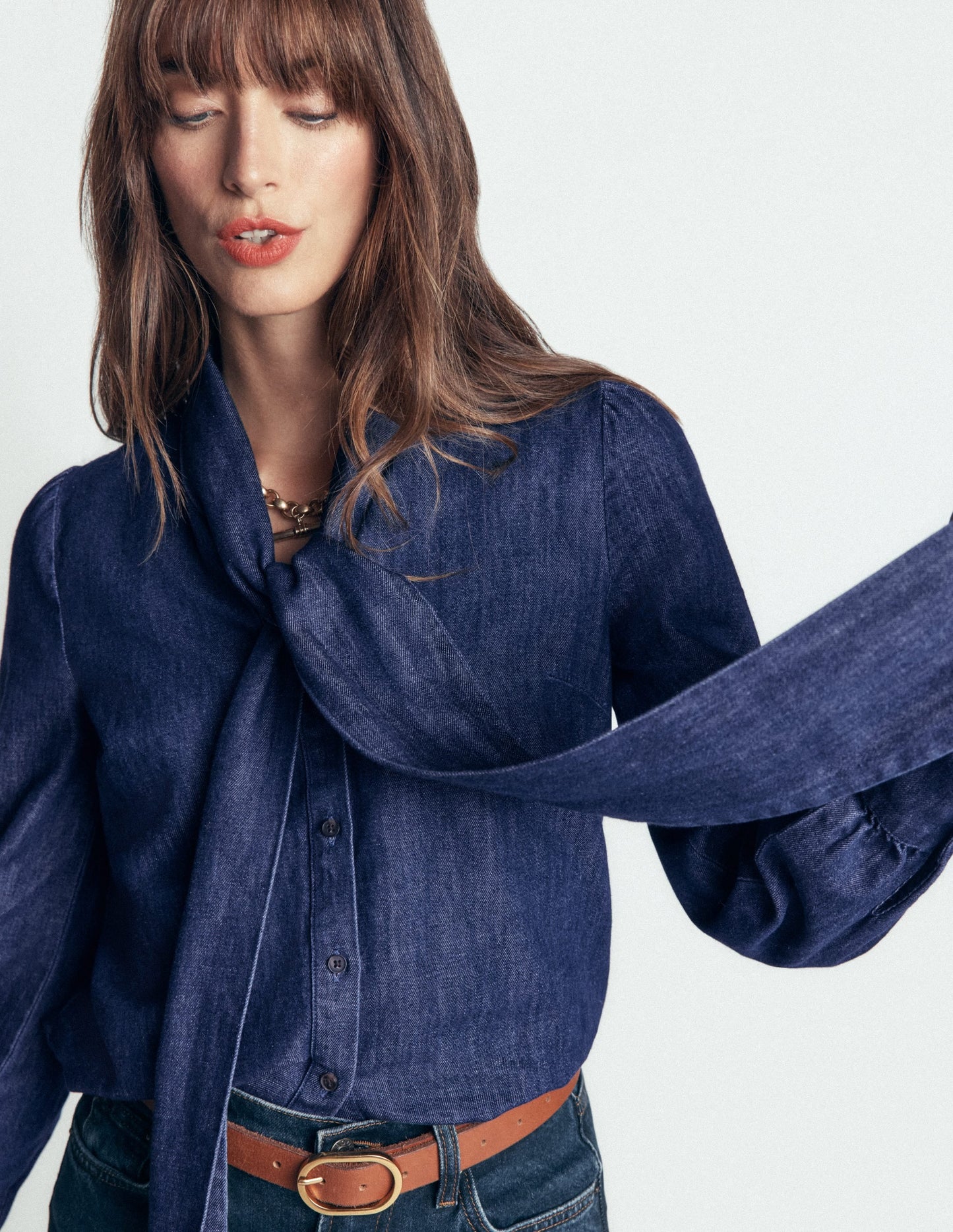 Clara Tie Neck Denim Top-Dark Indigo
