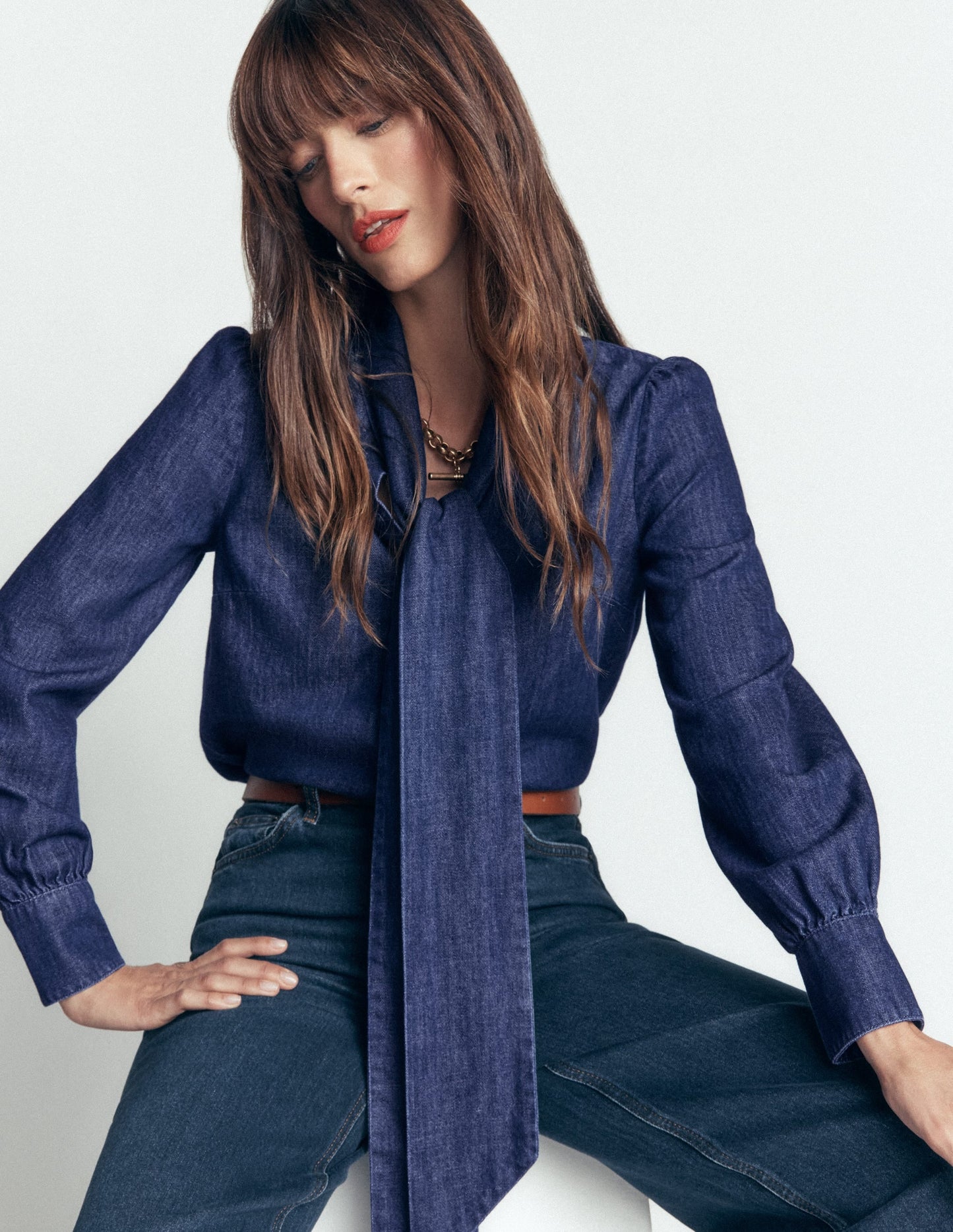 Clara Tie Neck Denim Top-Dark Indigo