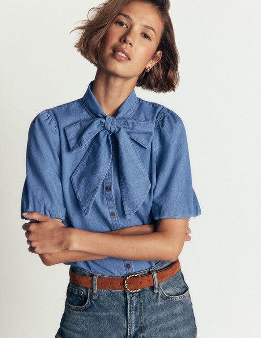 Tie Neck Denim Top-Light Vintage