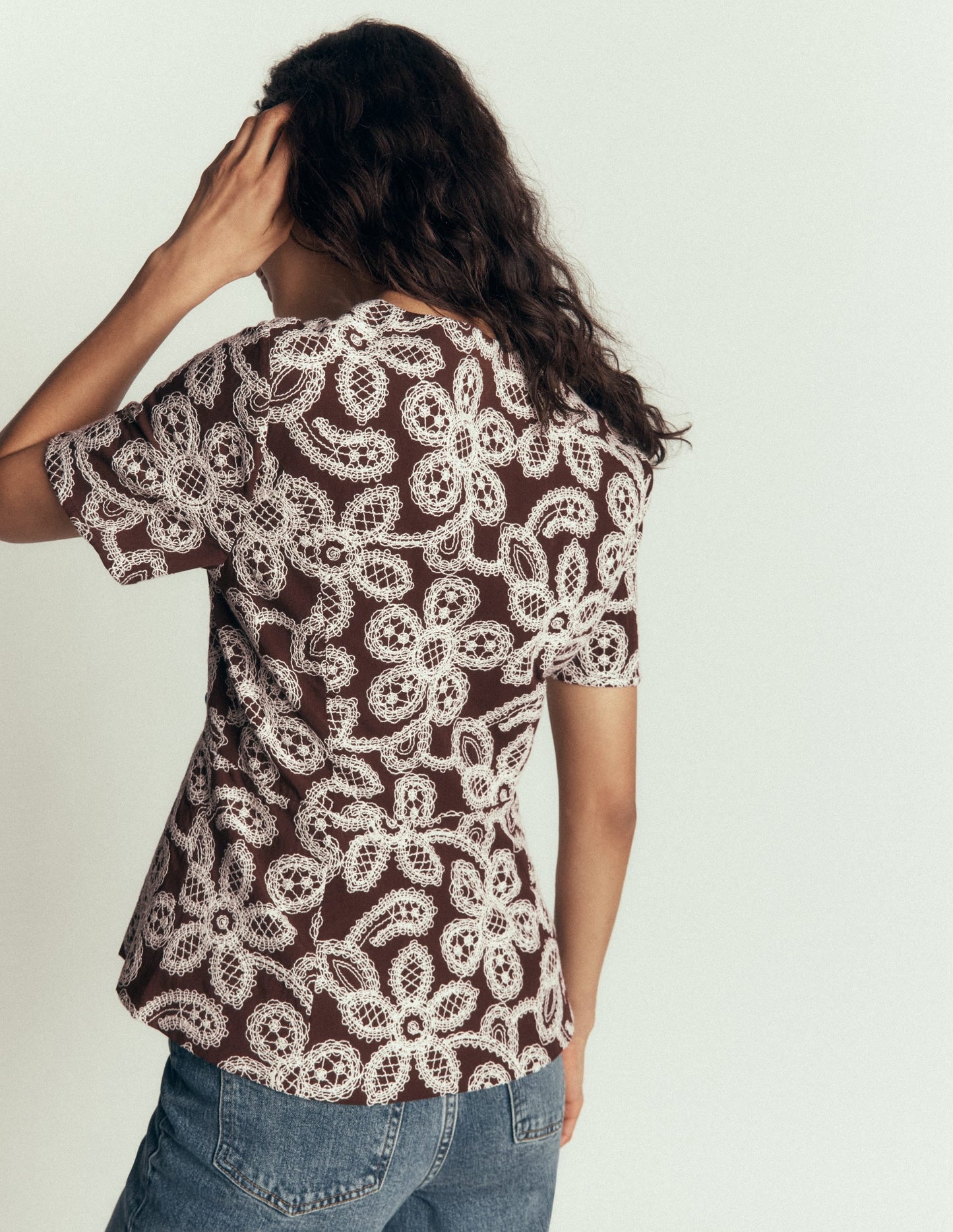 Embroidered Peplum Top-Bitter Chocolate