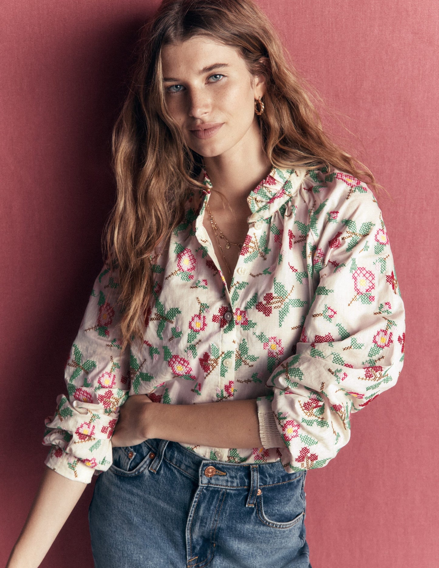 Erica Cotton Frill Top-White Cross Stitch Floral