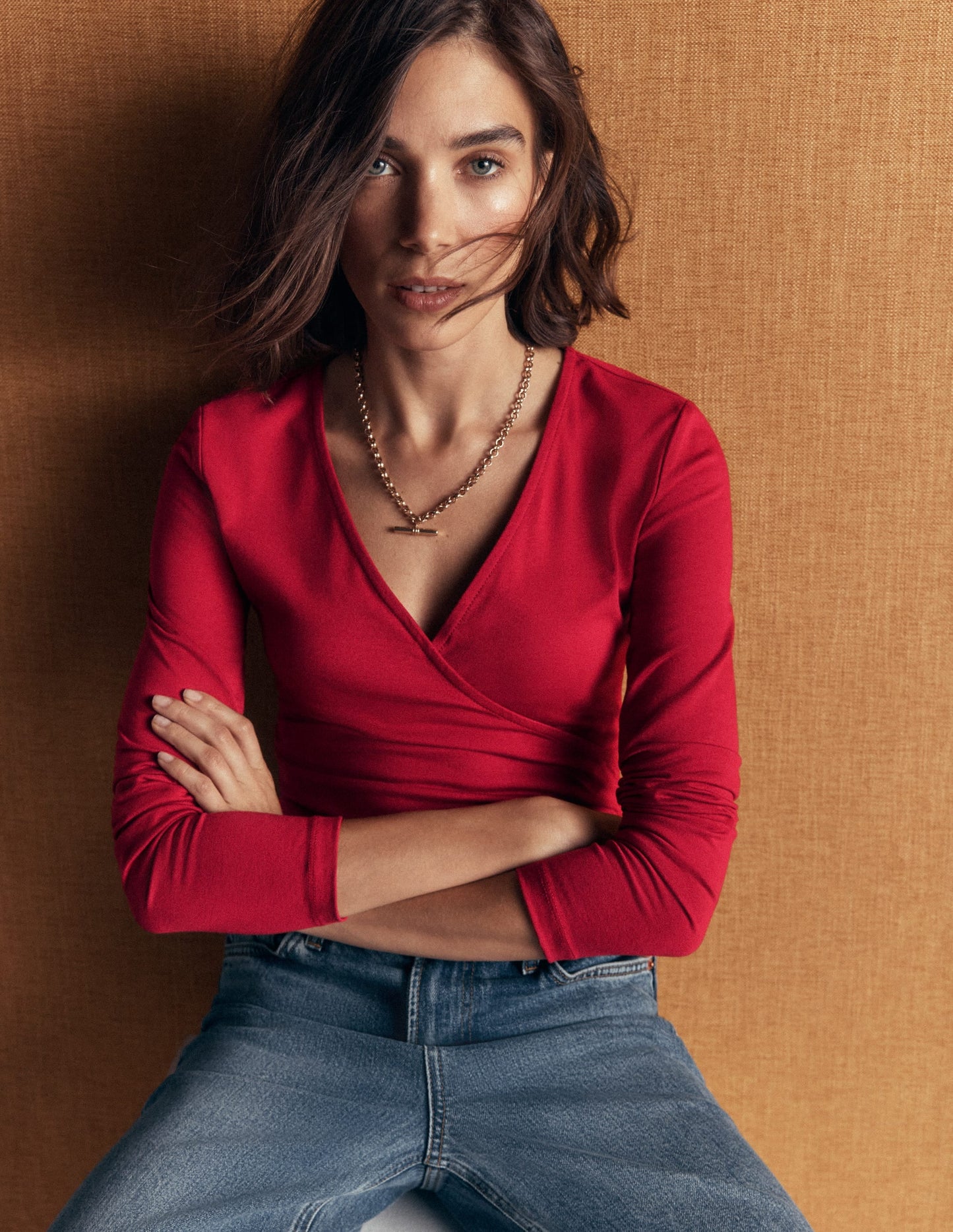 Ruched Long Sleeve Wrap Top-Crimson Red