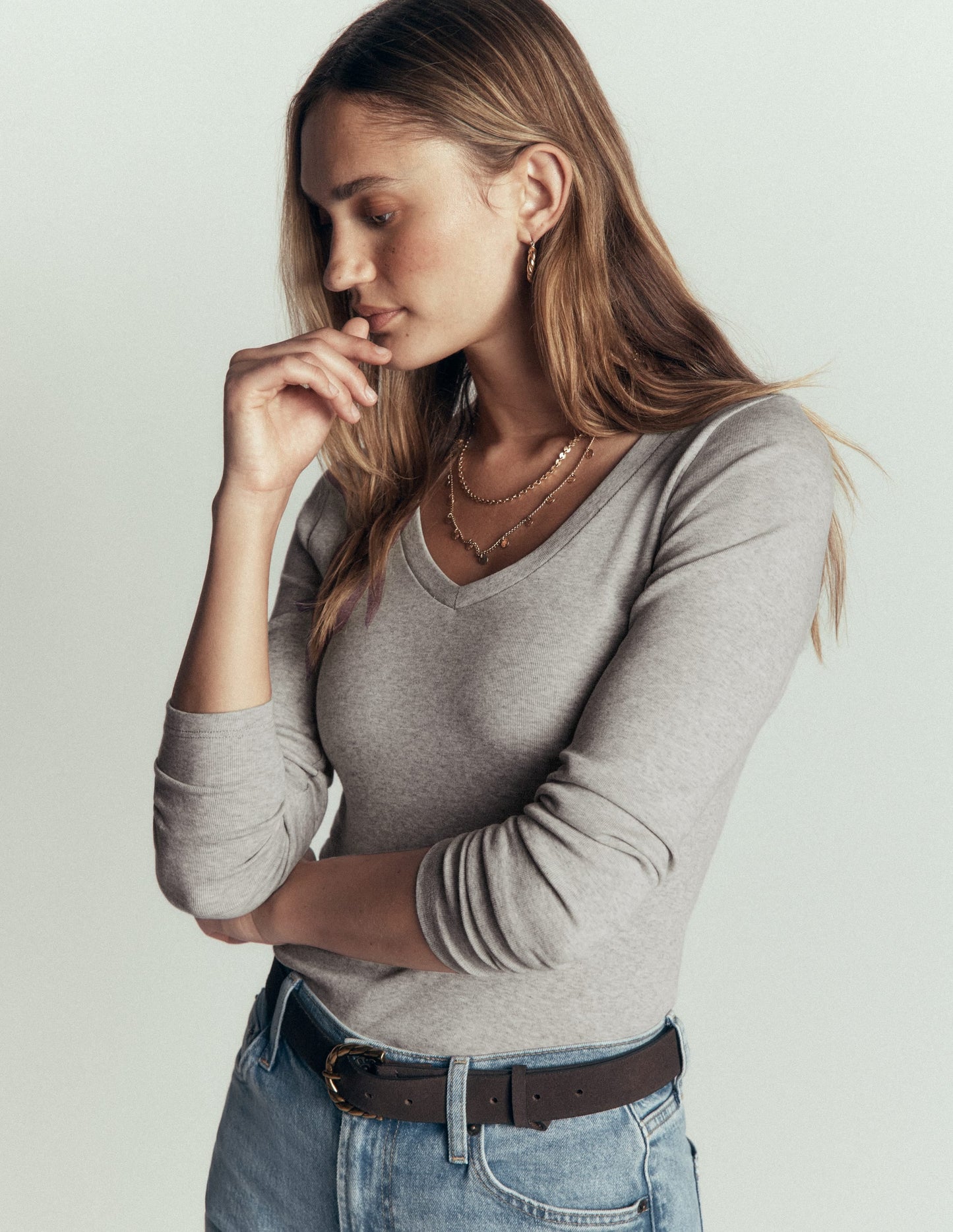 Annie Essential V Neck Top-Grey Marl