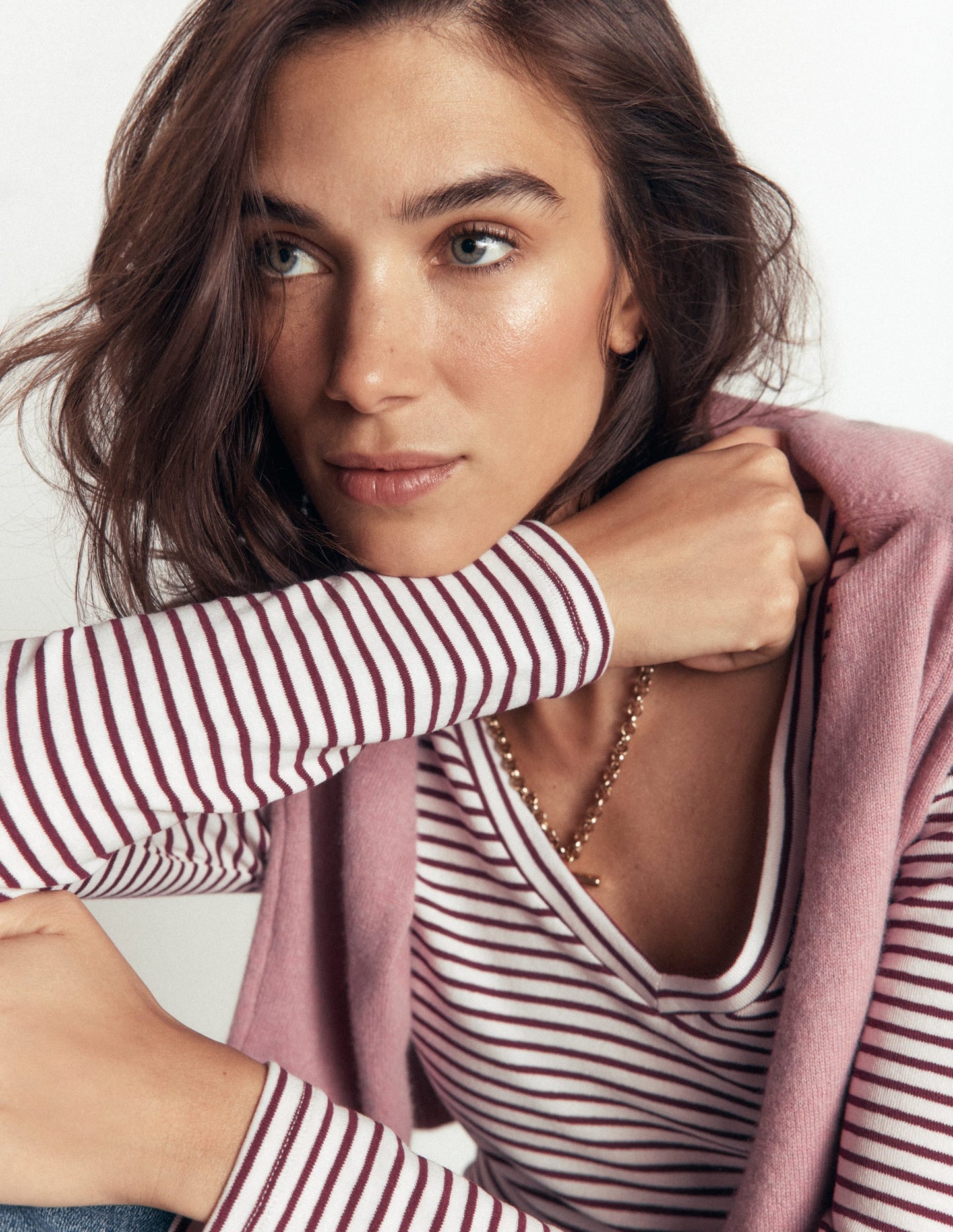 Annie Essential V Neck Top-Deep Wisteria and Ivory Stripe