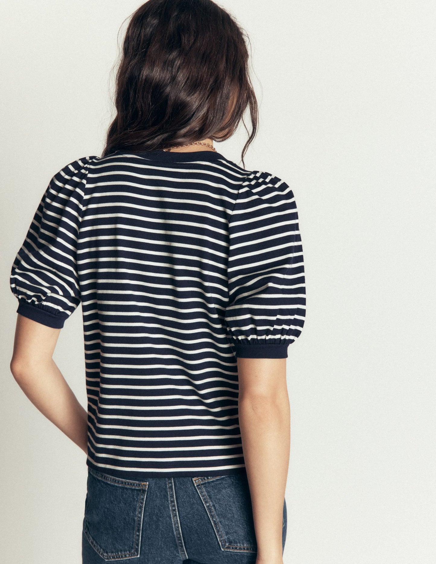 Button-through Puff Sleeve Top-Navy and Ivory Stripe