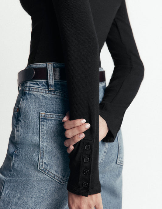 Button Cuff Ribbed Boatneck-Black