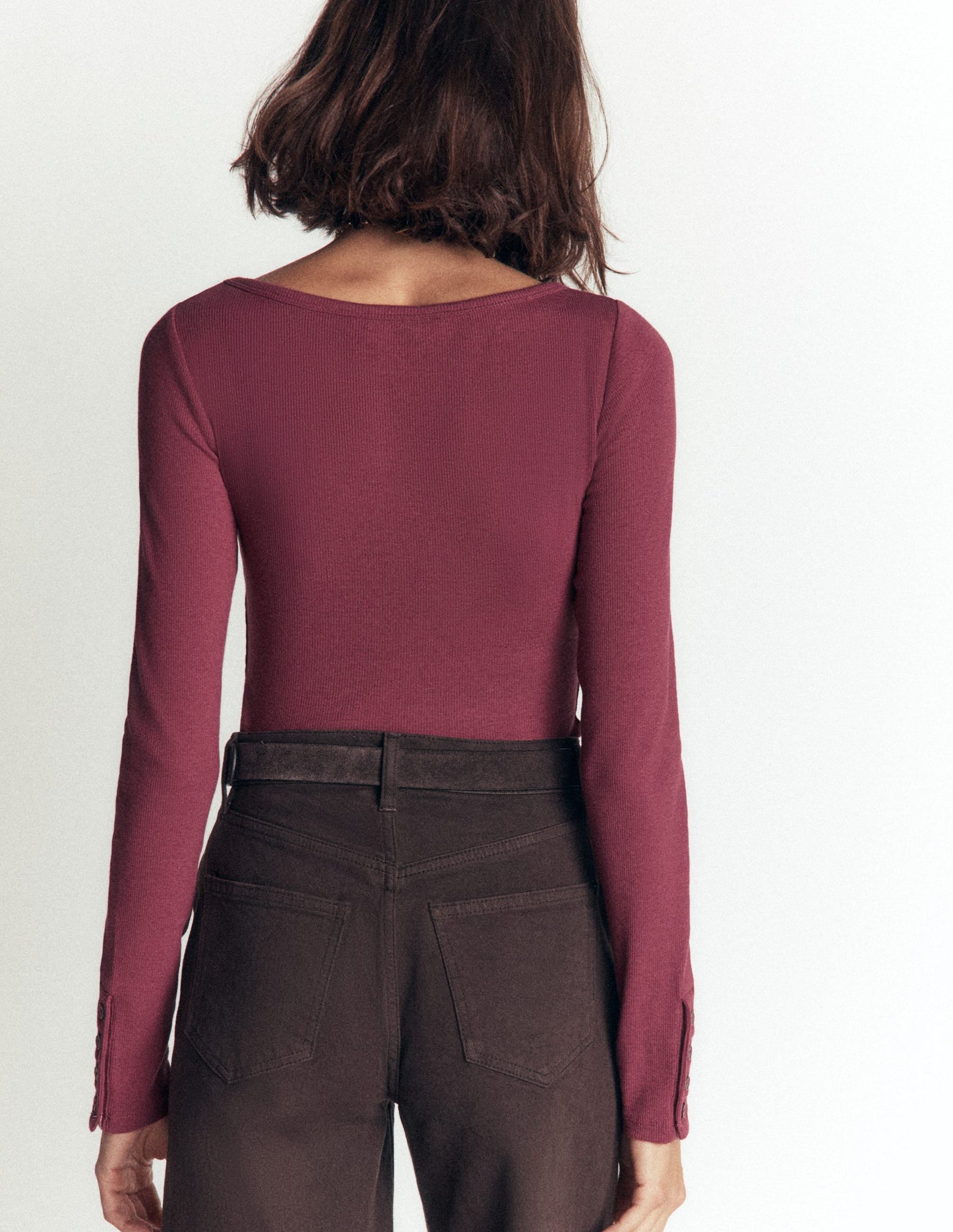 Button Cuff Ribbed Boatneck-Maroon