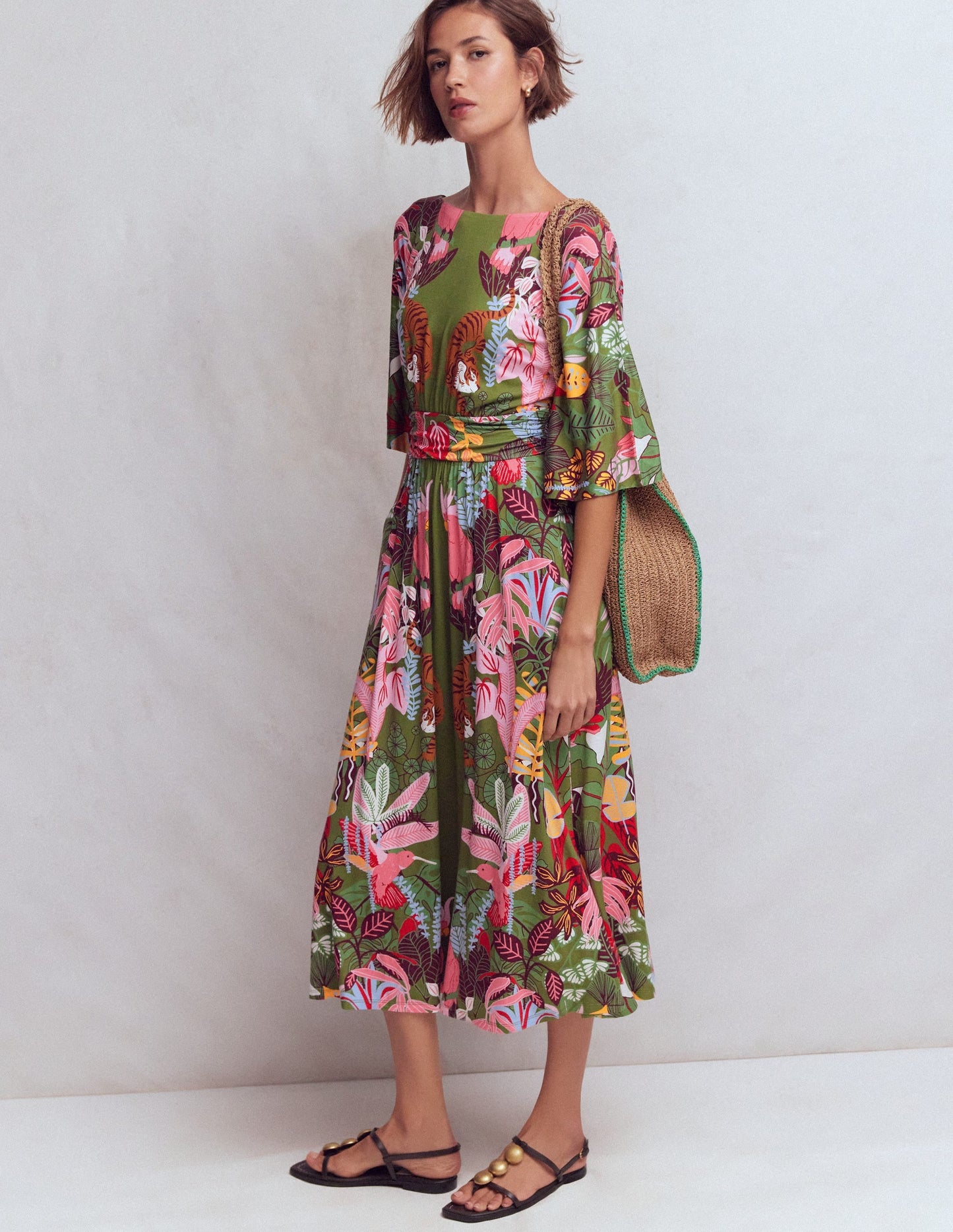 Imelda Kimono Jersey Dress-Olive, Tropical Safari