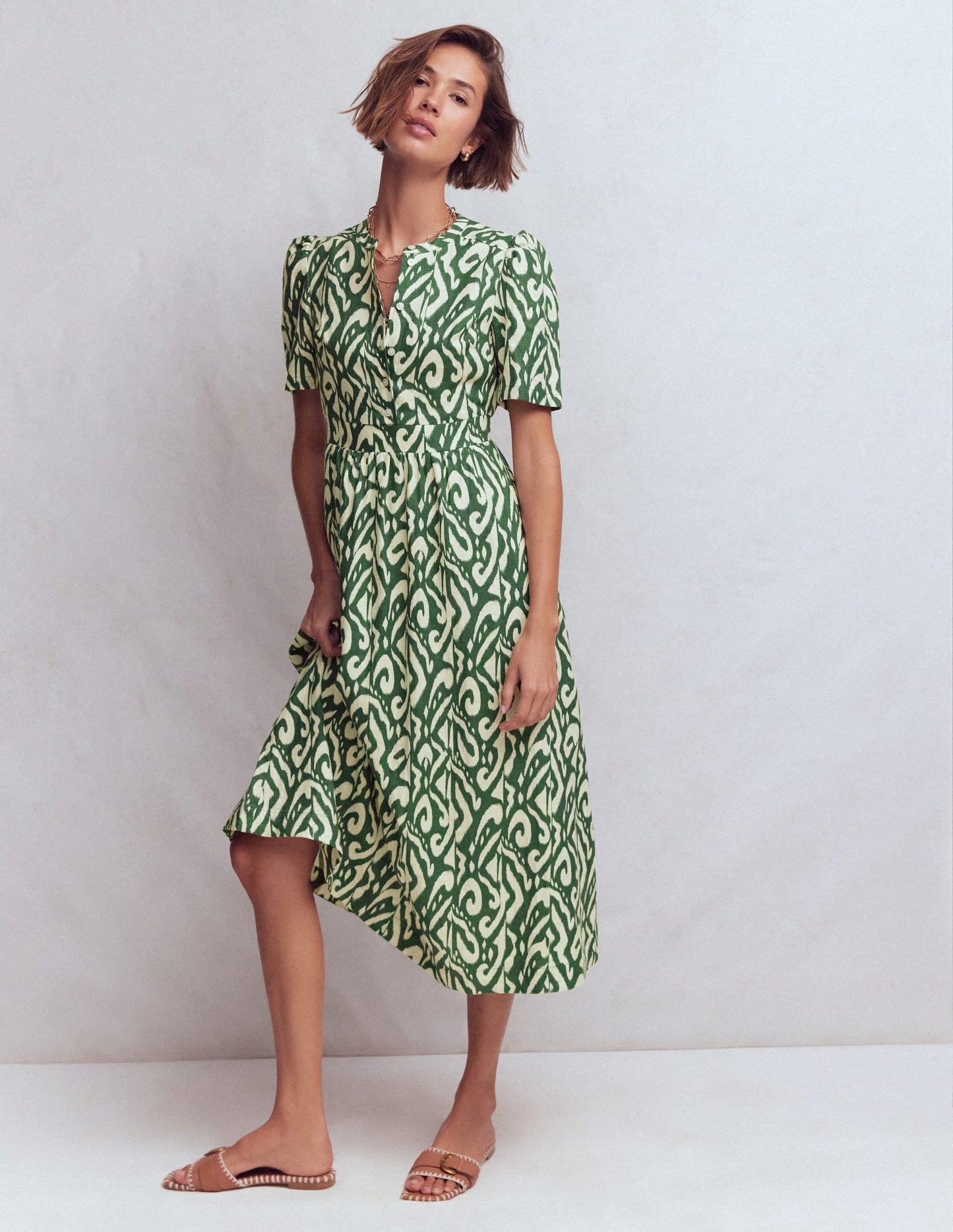 Ivy Button Linen Midi Dress-Hunter Green Ikat