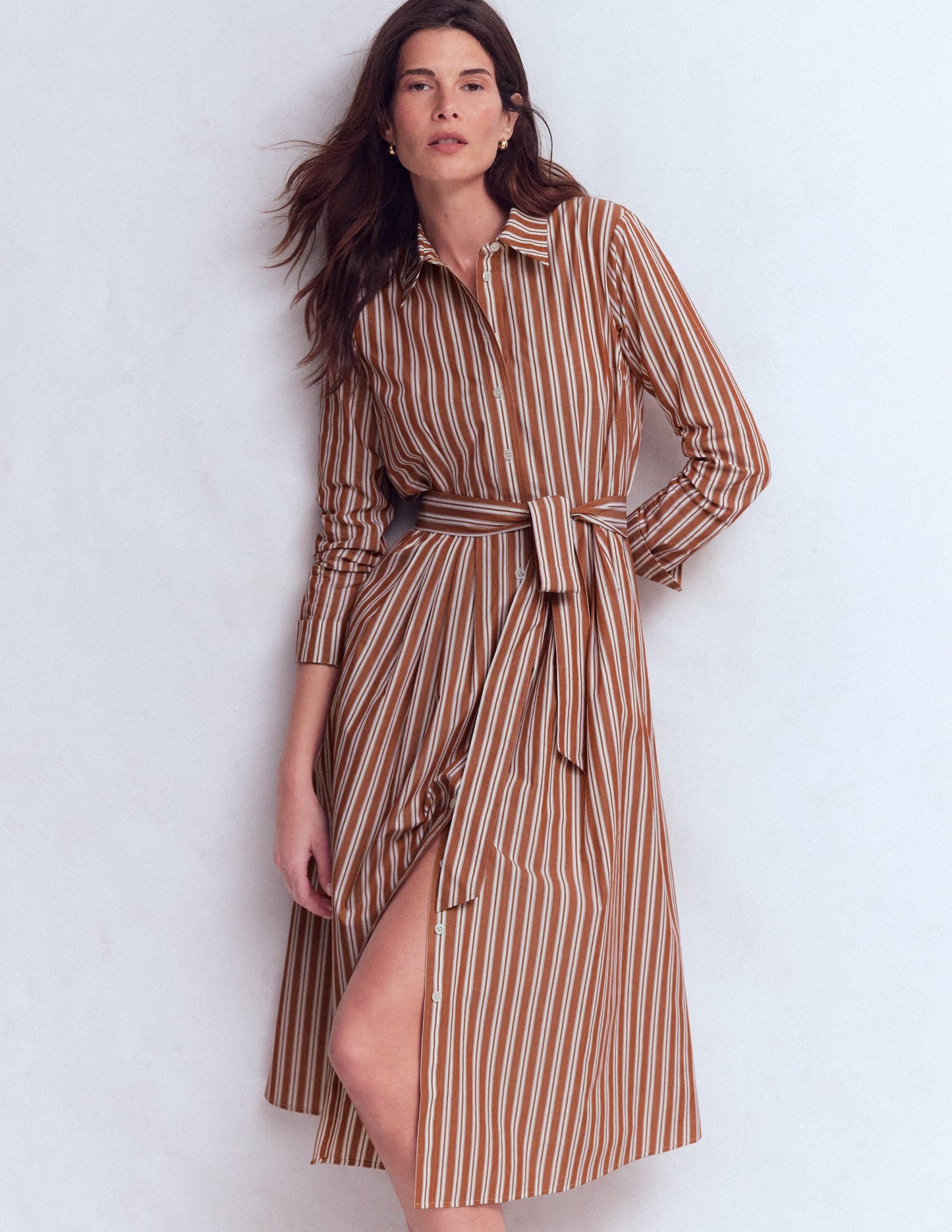 Alexa Cotton Midi Shirt Dress-Rich Chestnut Stripe