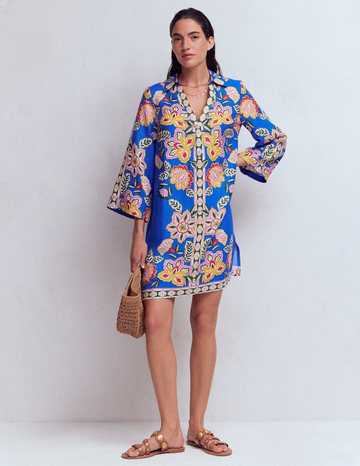 Carmen Linen Short Dress-Blue Blossom Elegance