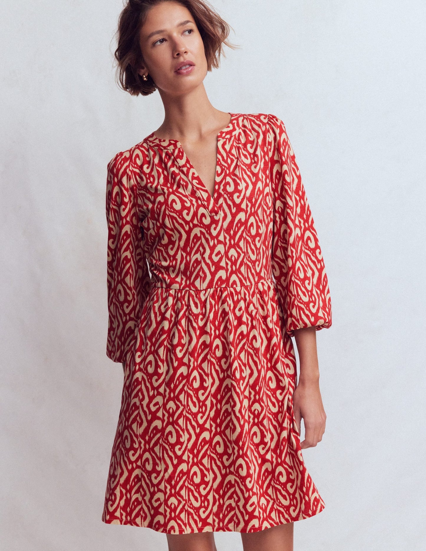 Cathy Notch Neck Jersey Dress-Merida Red, Ikat