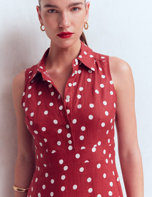 Erma Drop Waist Linen Dress-Red Painted Dot Spaced