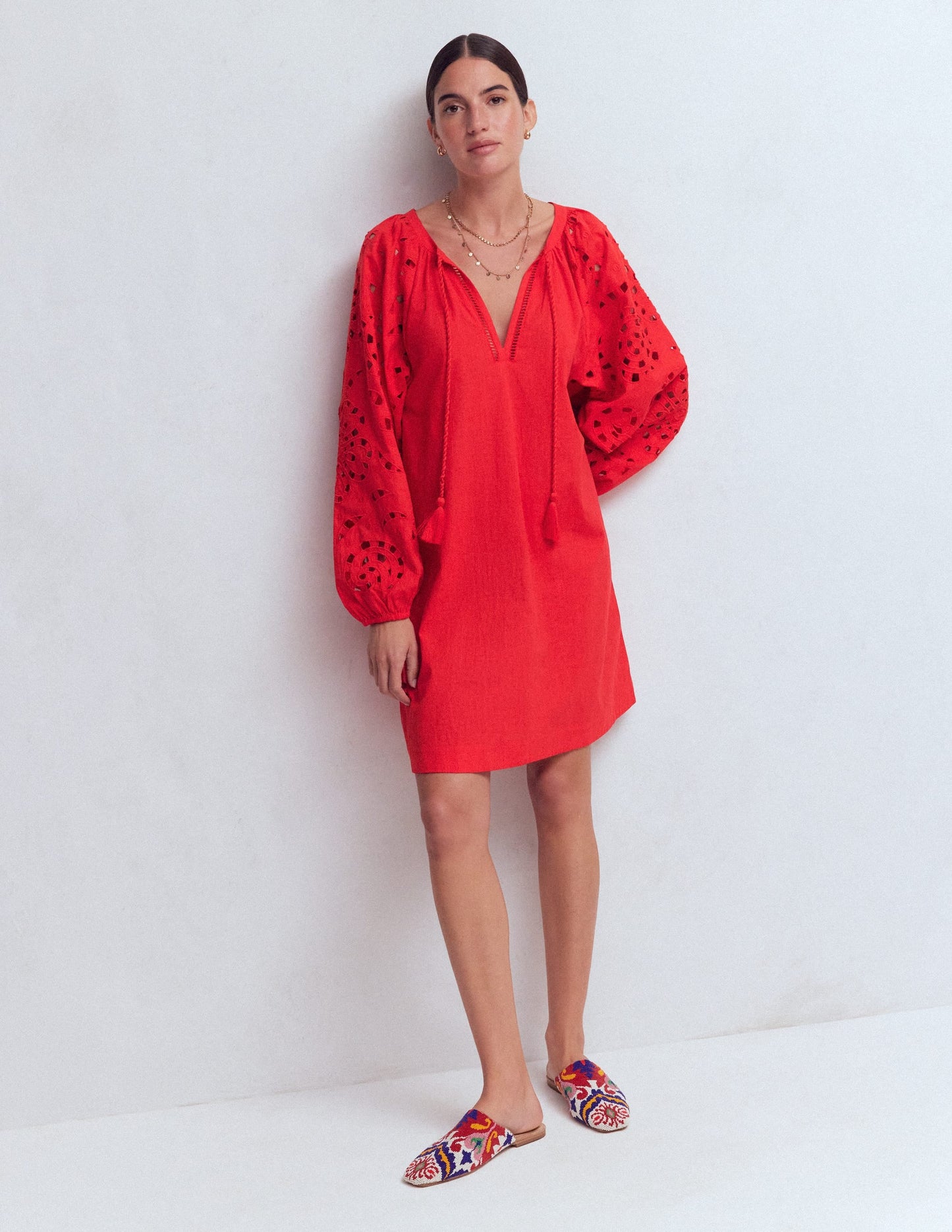 Embroidered Sleeve Kaftan-Red Embroidery