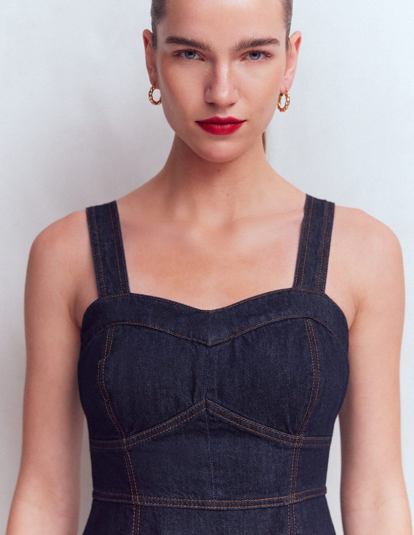 Panelled Bodice Denim Dress-Indigo